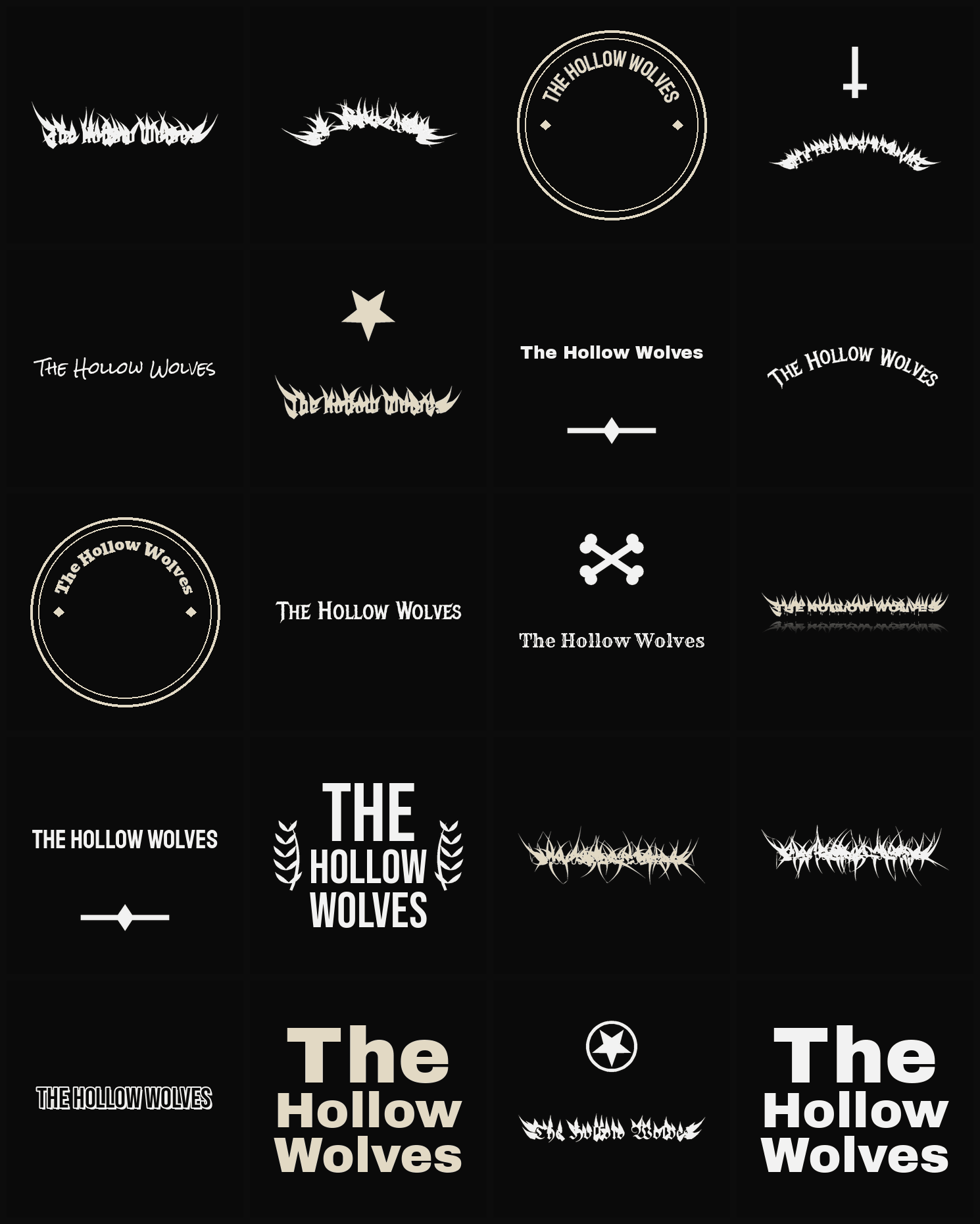 Twenty The Hollow Wolves band logo ideas — different faces, treatments and spike settings
