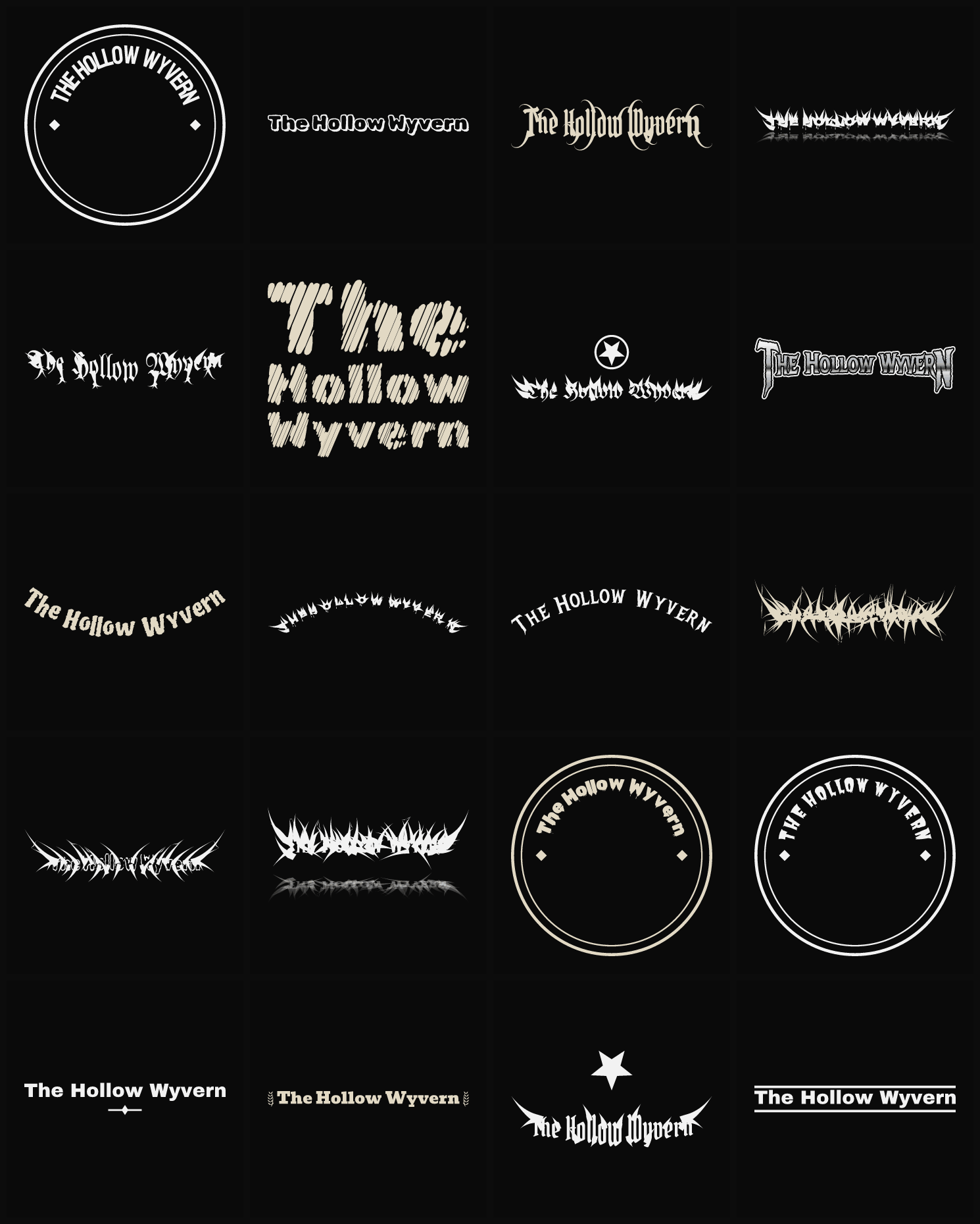 Twenty The Hollow Wyvern band logo ideas — different faces, treatments and spike settings