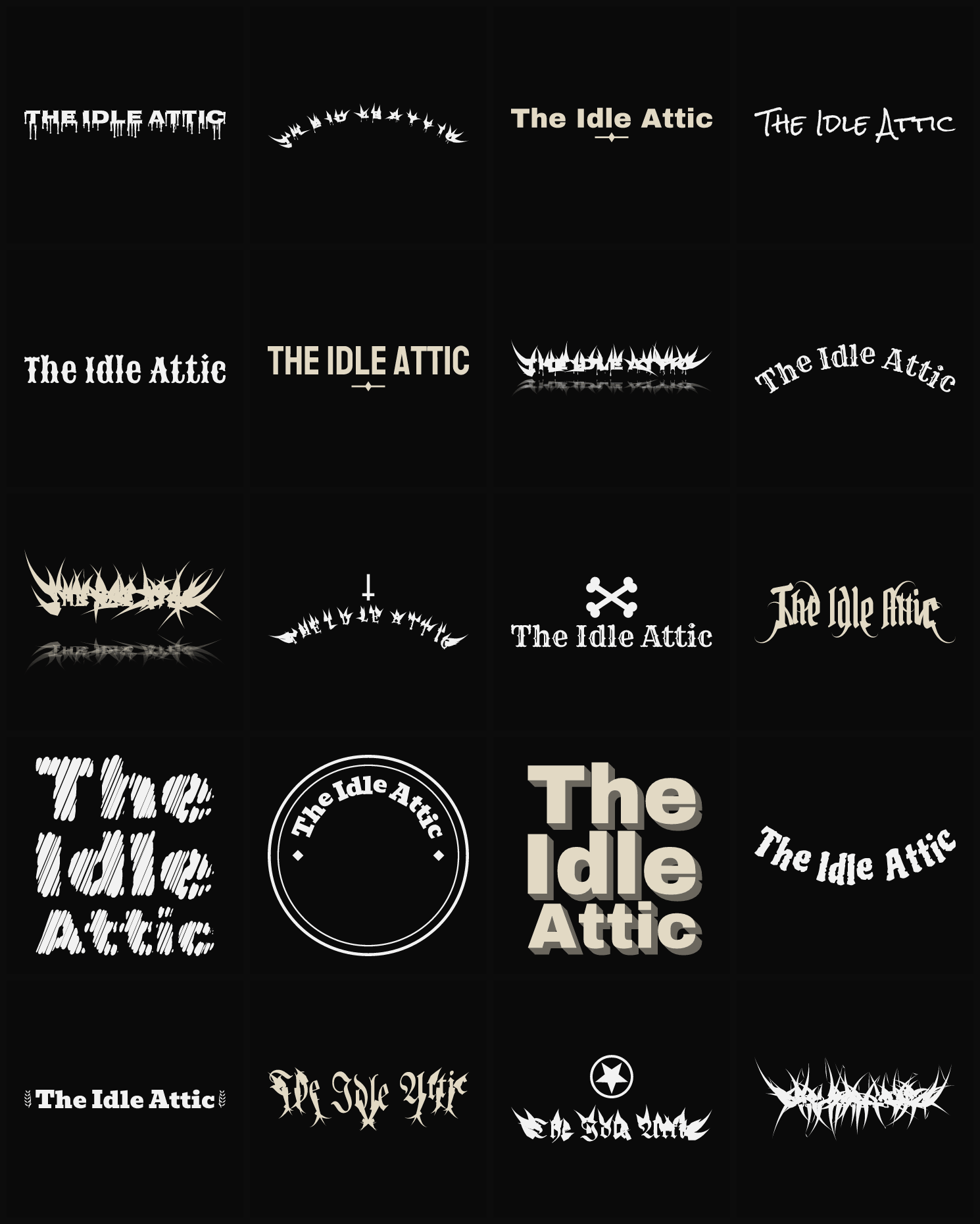 Twenty The Idle Attic band logo ideas — different faces, treatments and spike settings