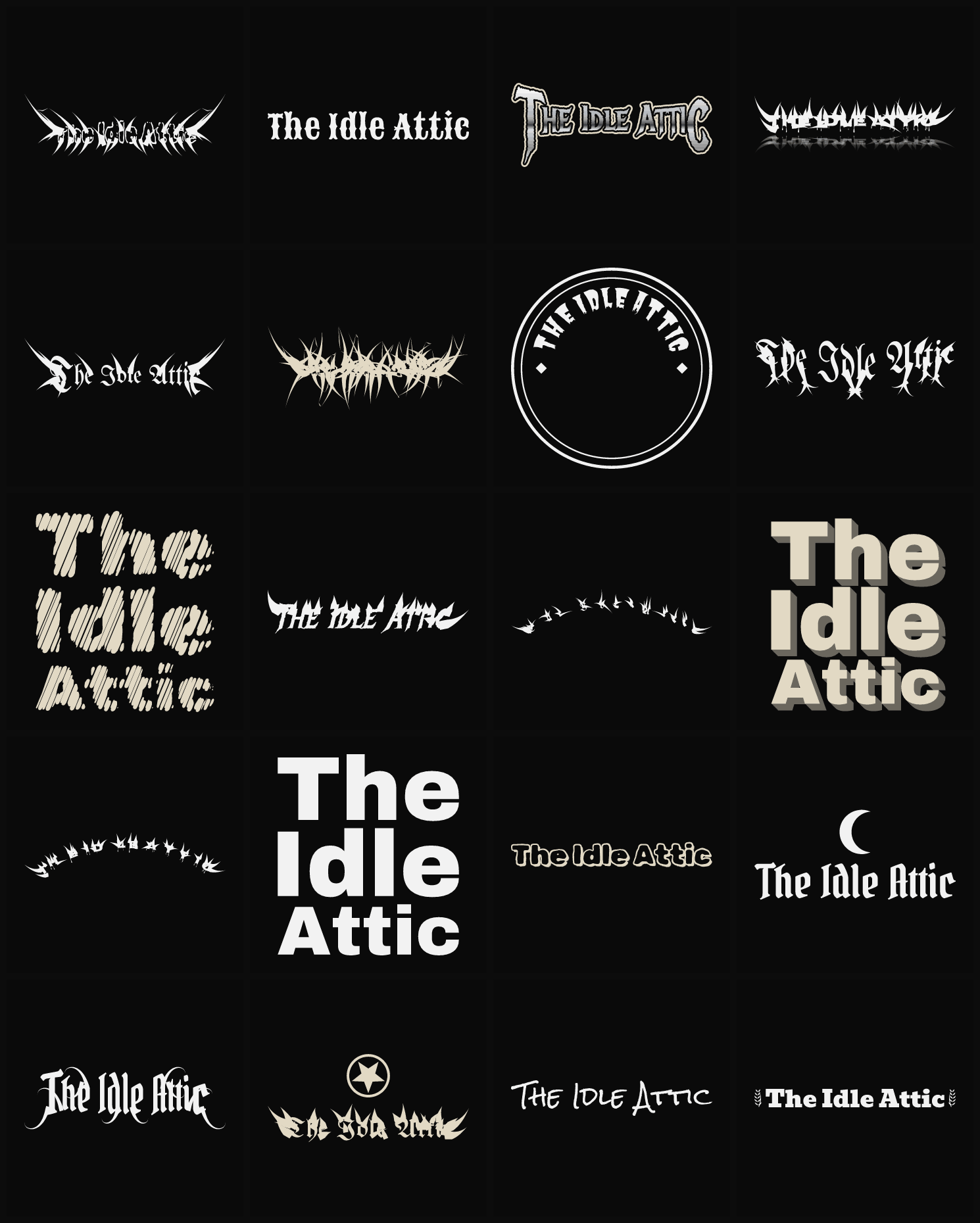 Twenty The Idle Attic band logo ideas — different faces, treatments and spike settings