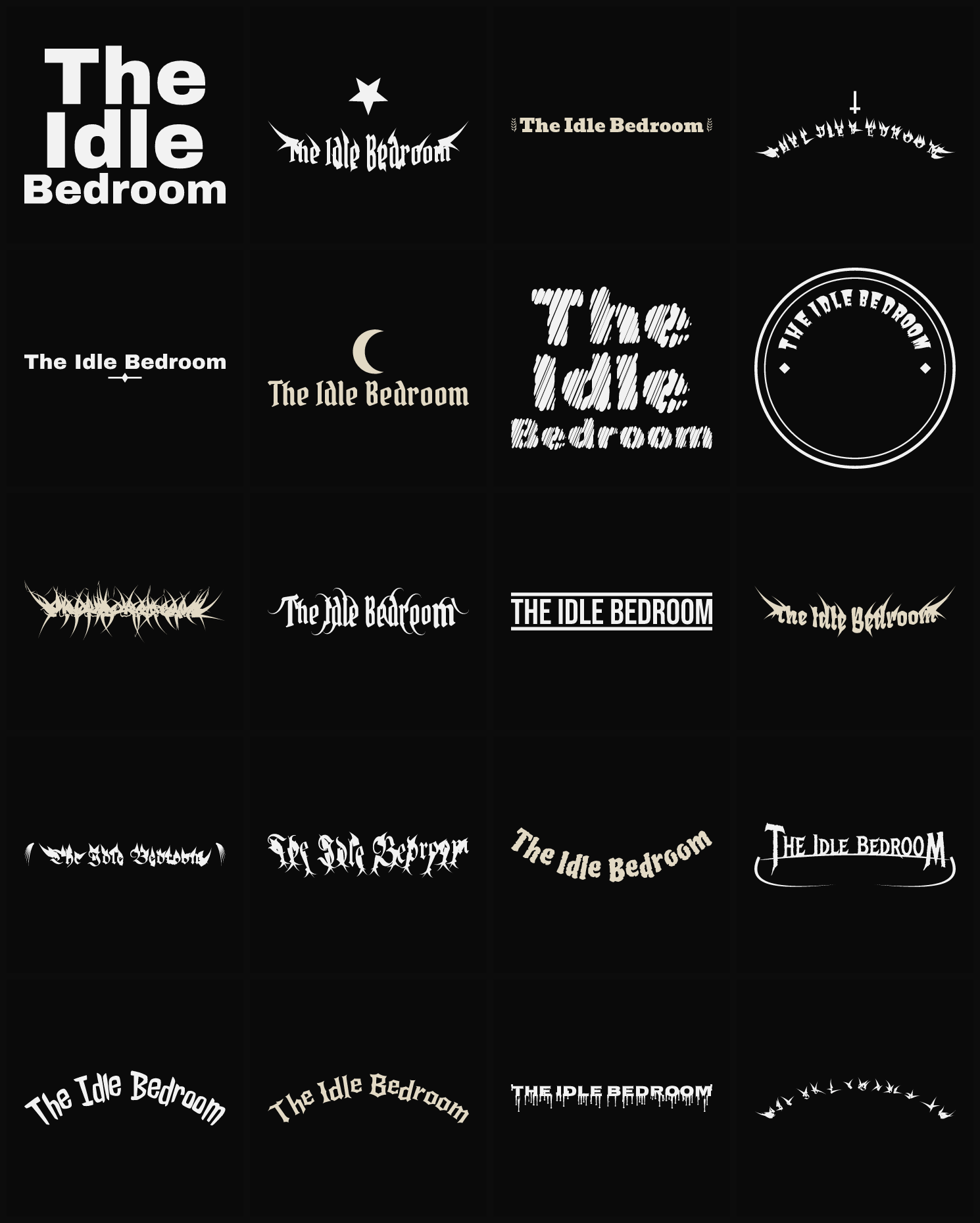 Twenty The Idle Bedroom band logo ideas — different faces, treatments and spike settings
