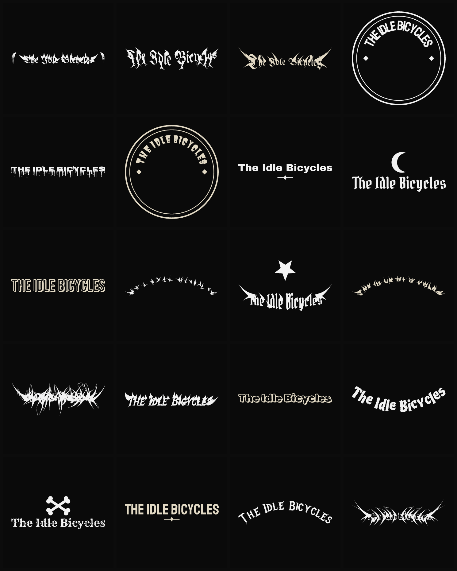 Twenty The Idle Bicycles band logo ideas — different faces, treatments and spike settings
