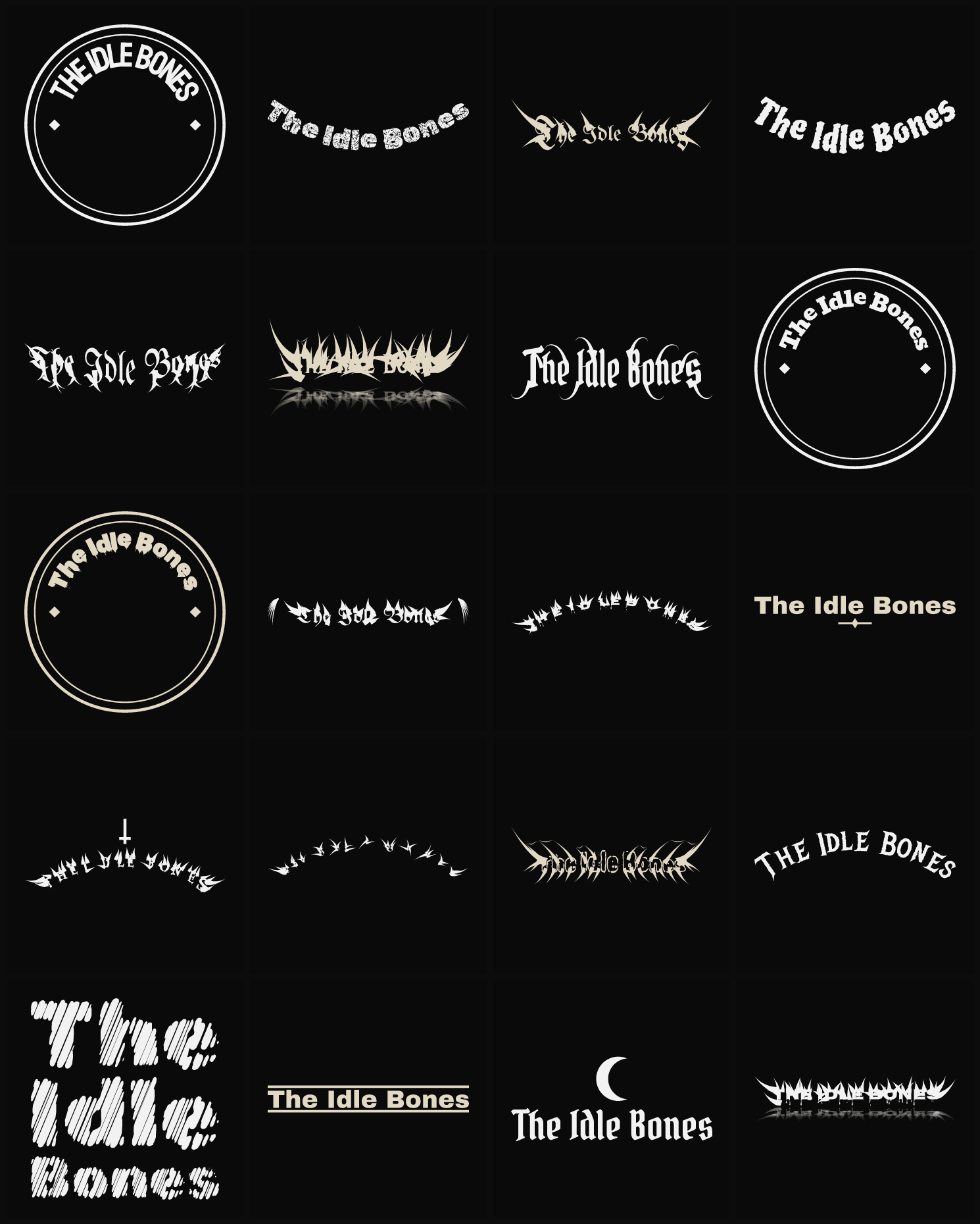 Twenty The Idle Bones band logo ideas — different faces, treatments and spike settings