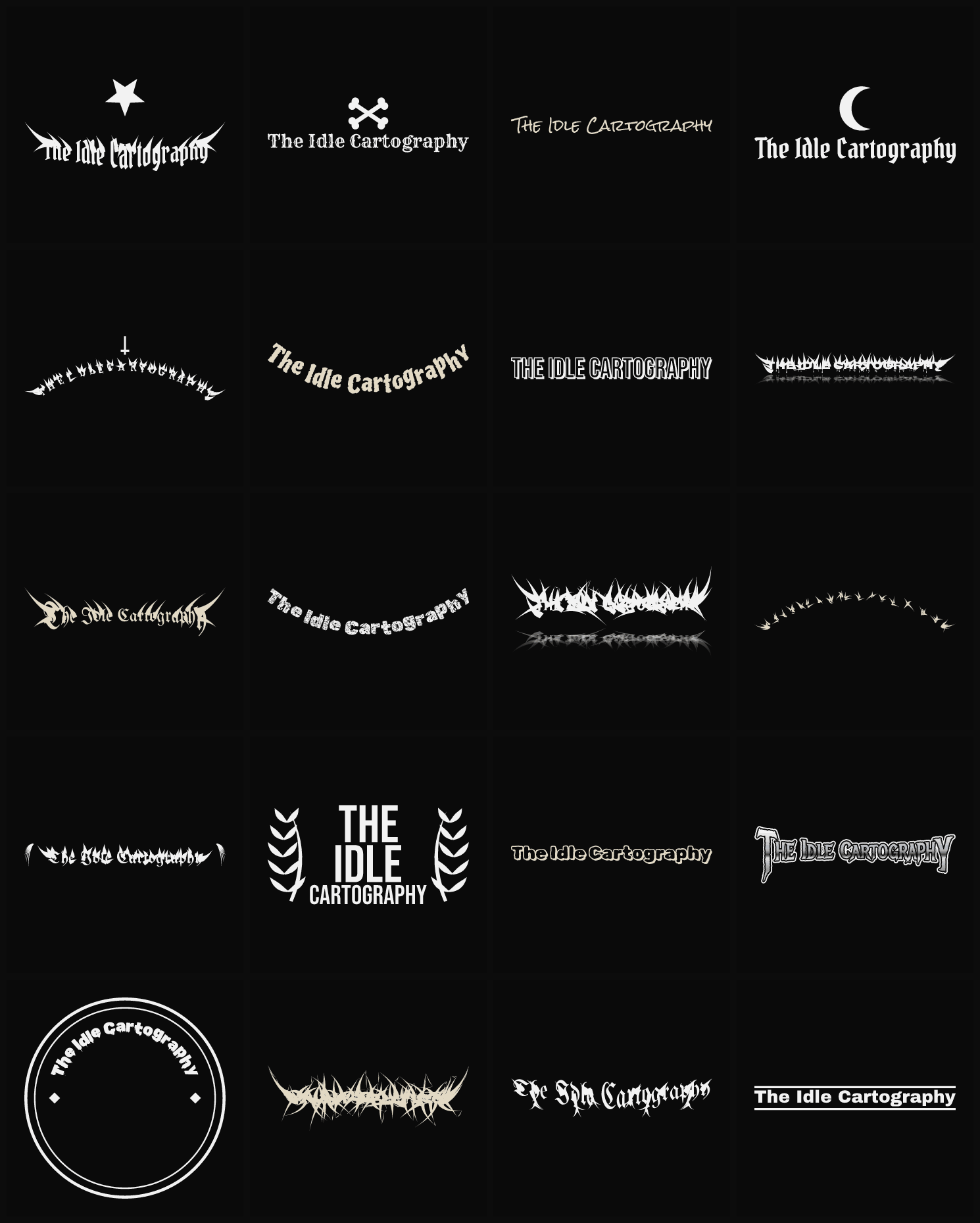 Twenty The Idle Cartography band logo ideas — different faces, treatments and spike settings
