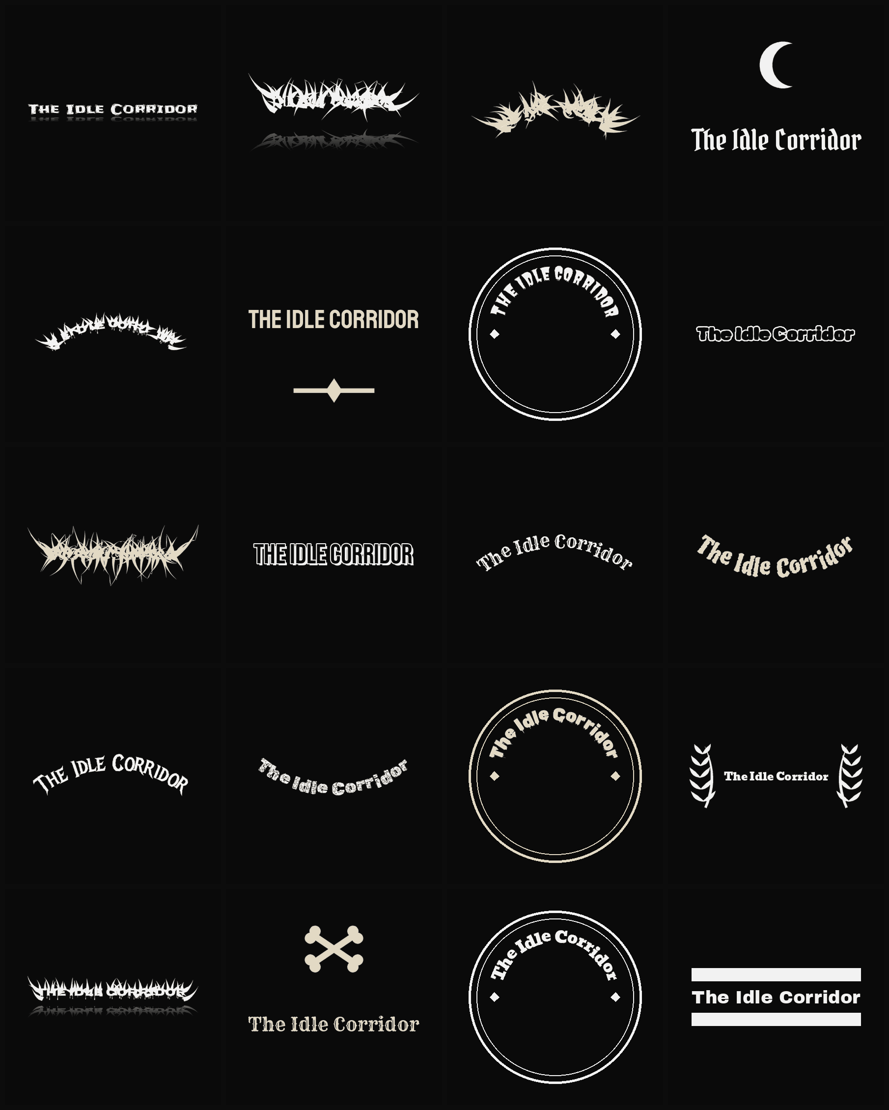 Twenty The Idle Corridor band logo ideas — different faces, treatments and spike settings