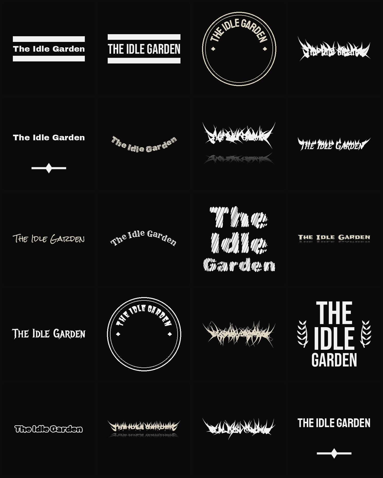 Twenty The Idle Garden band logo ideas — different faces, treatments and spike settings