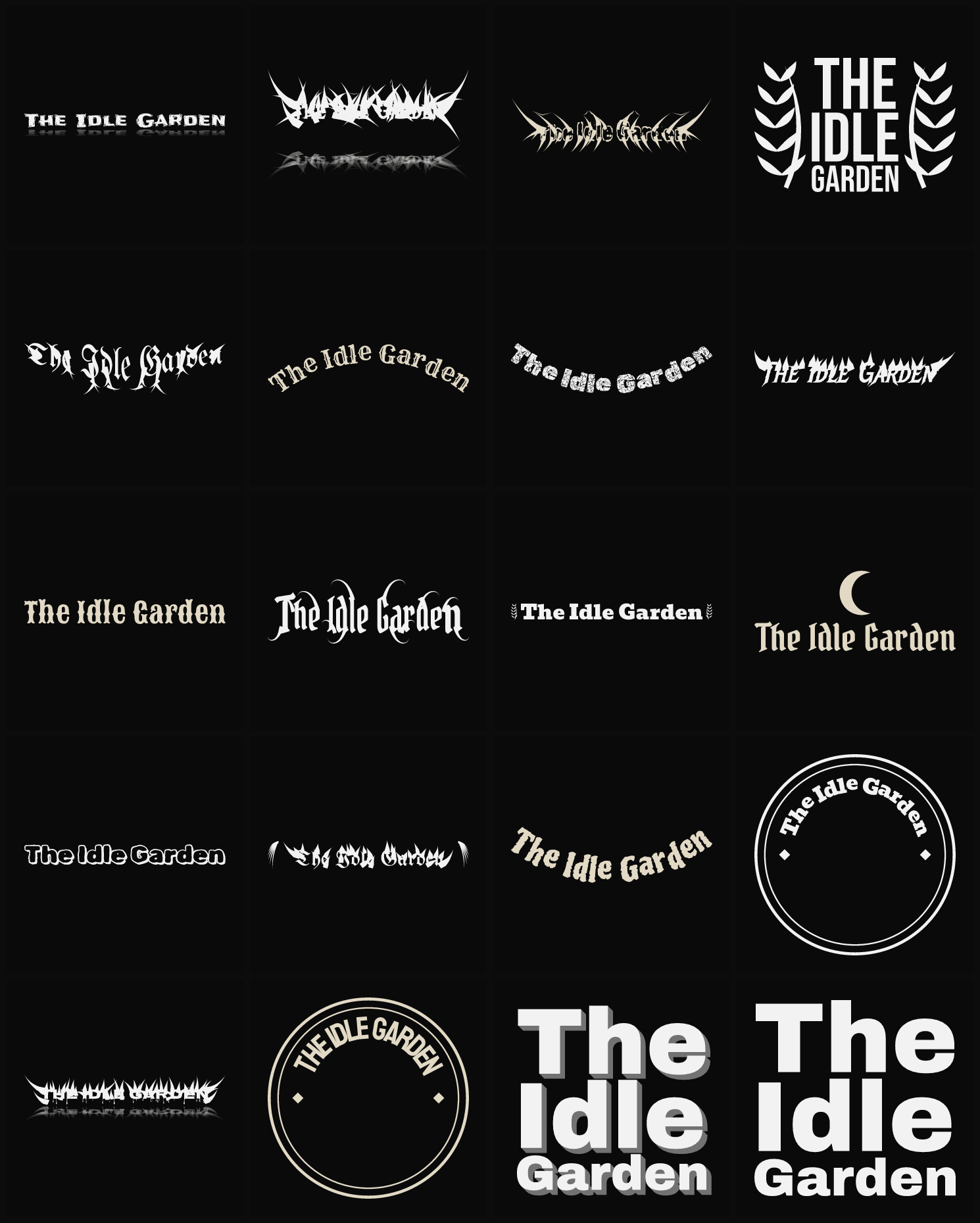 Twenty The Idle Garden band logo ideas — different faces, treatments and spike settings