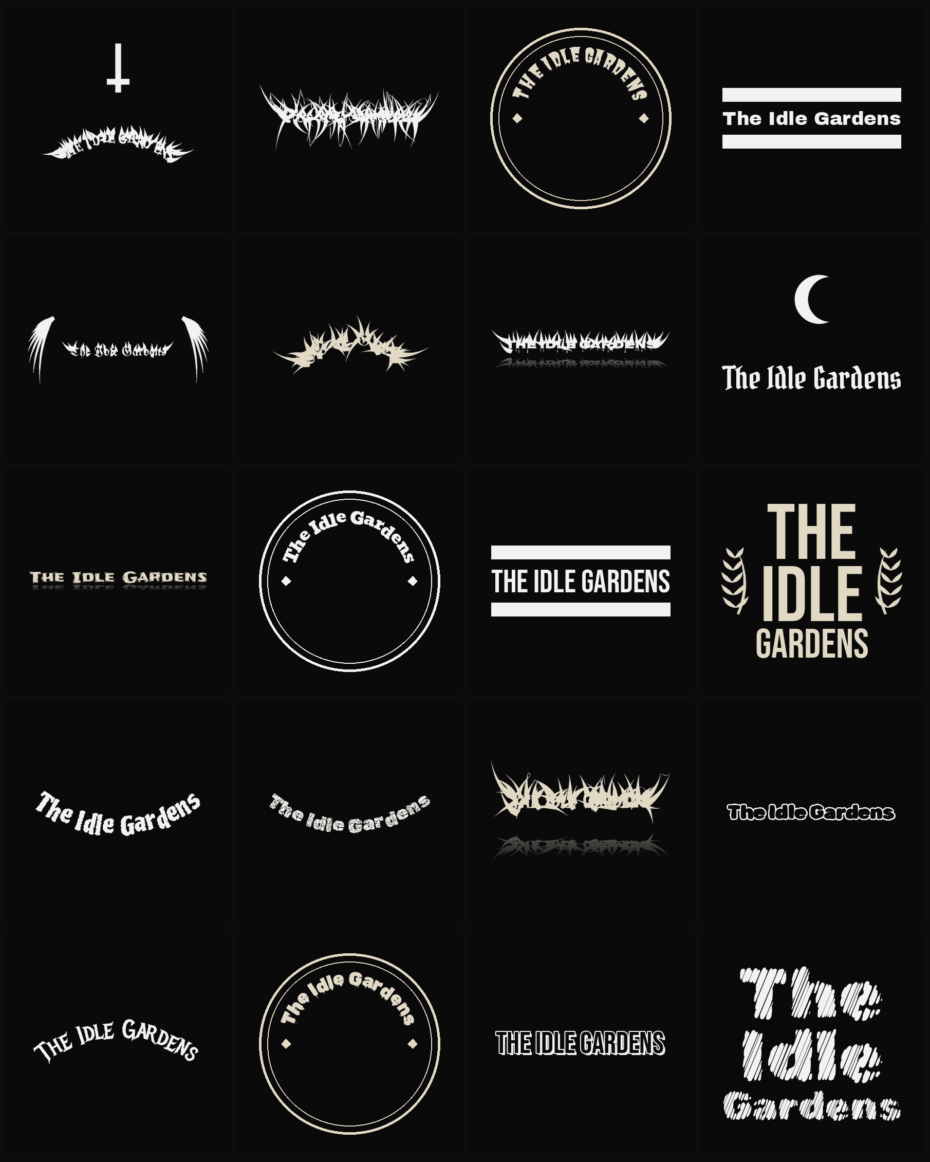 Twenty The Idle Gardens band logo ideas — different faces, treatments and spike settings