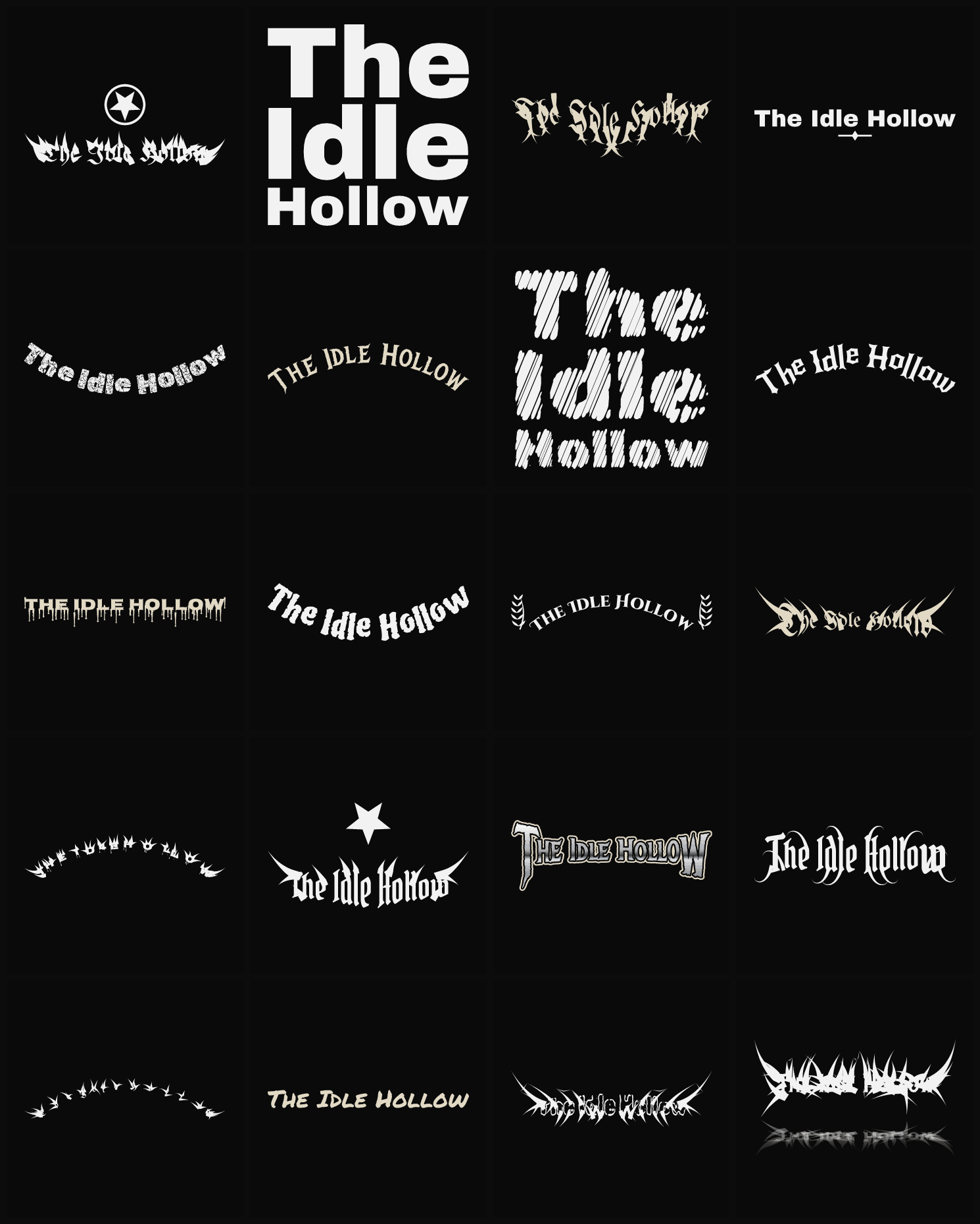 Twenty The Idle Hollow band logo ideas — different faces, treatments and spike settings