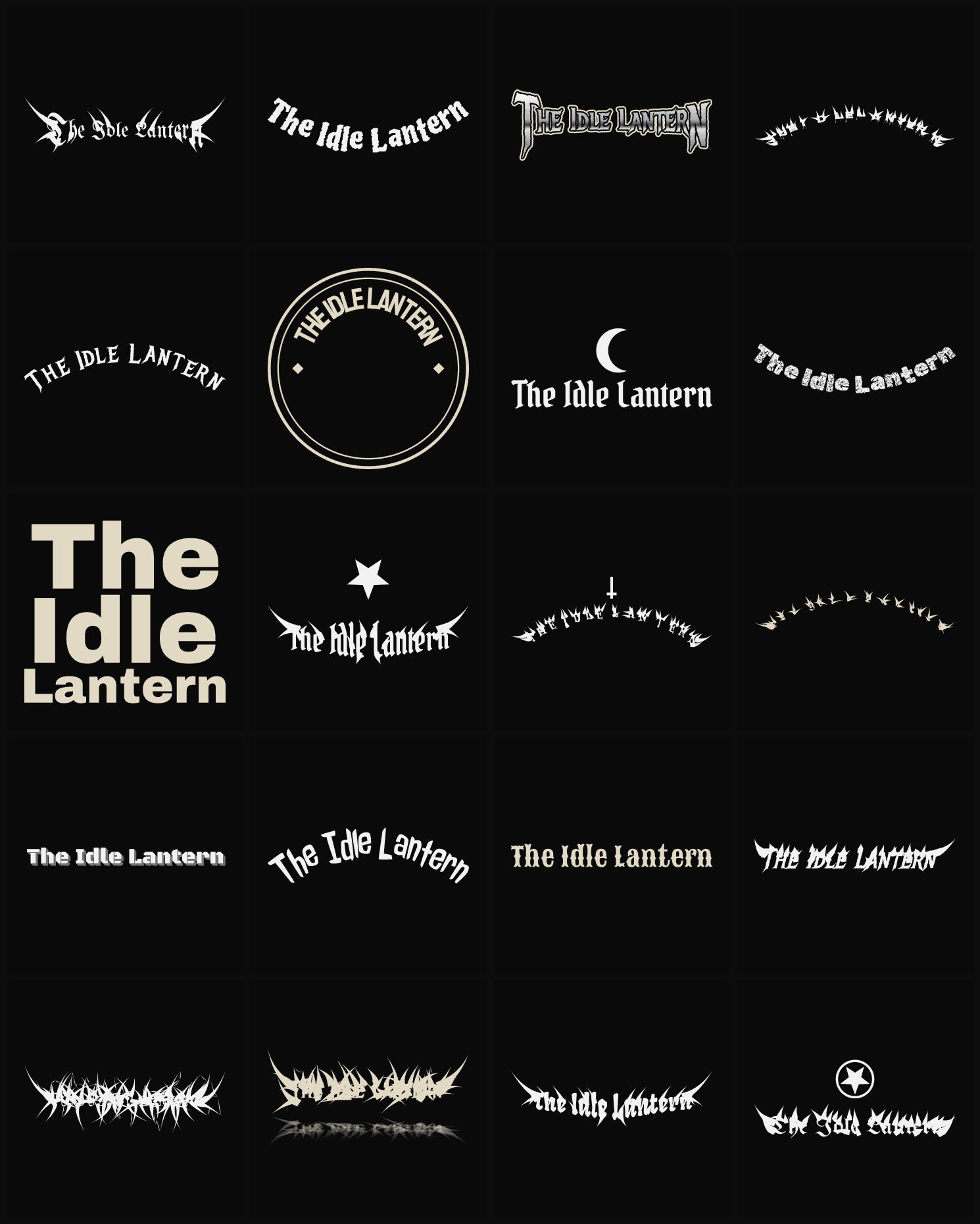 Twenty The Idle Lantern band logo ideas — different faces, treatments and spike settings