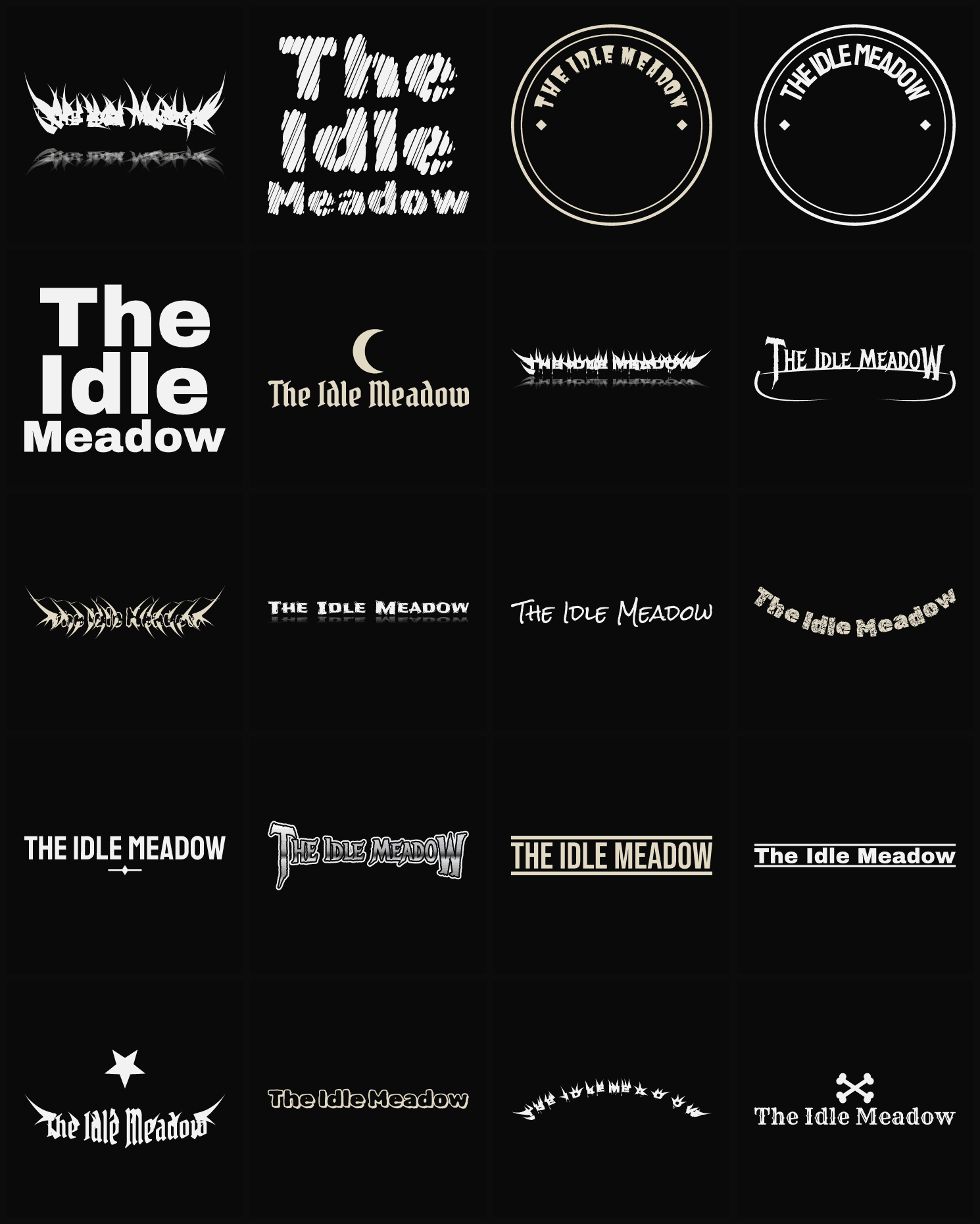 Twenty The Idle Meadow band logo ideas — different faces, treatments and spike settings