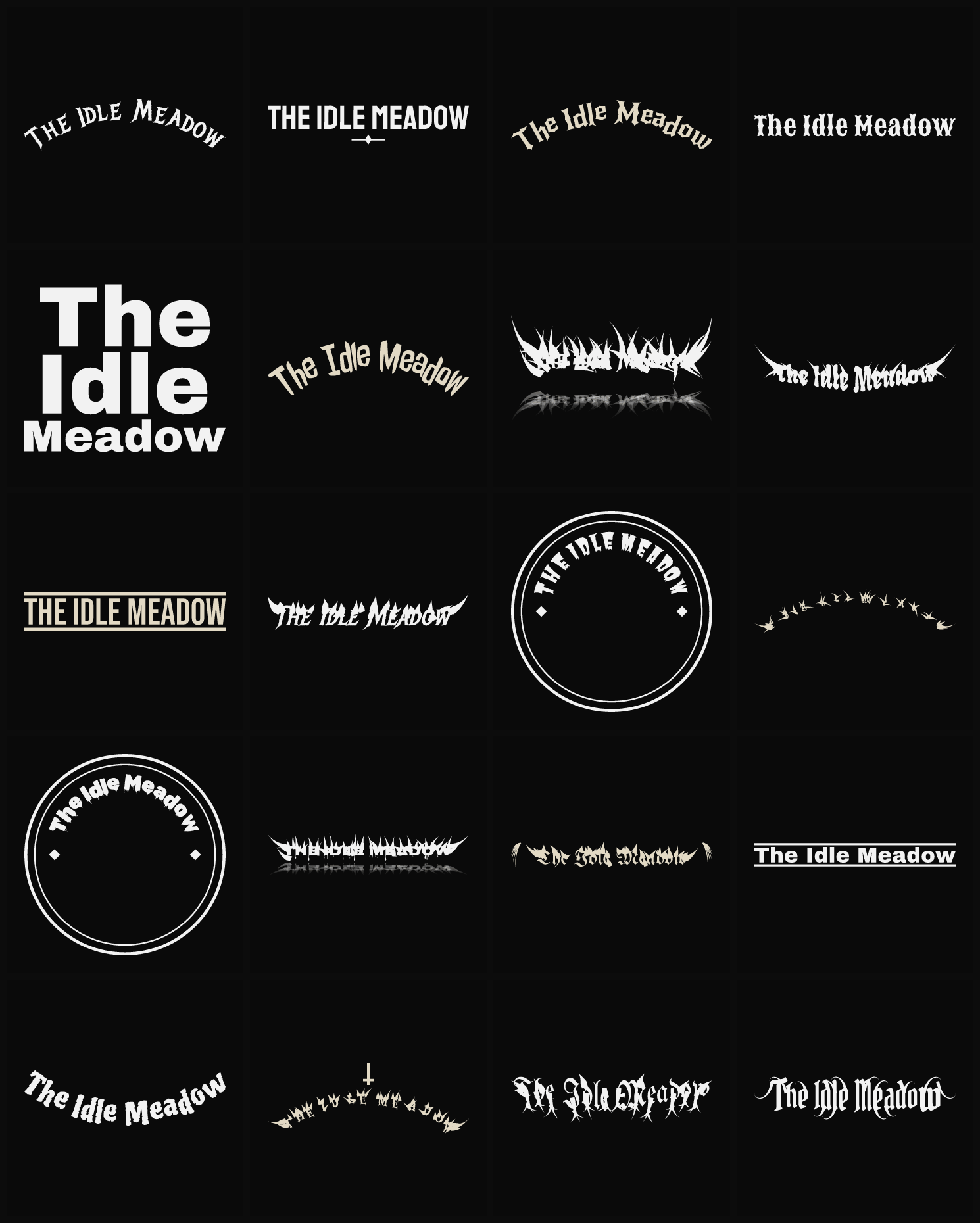 Twenty The Idle Meadow band logo ideas — different faces, treatments and spike settings
