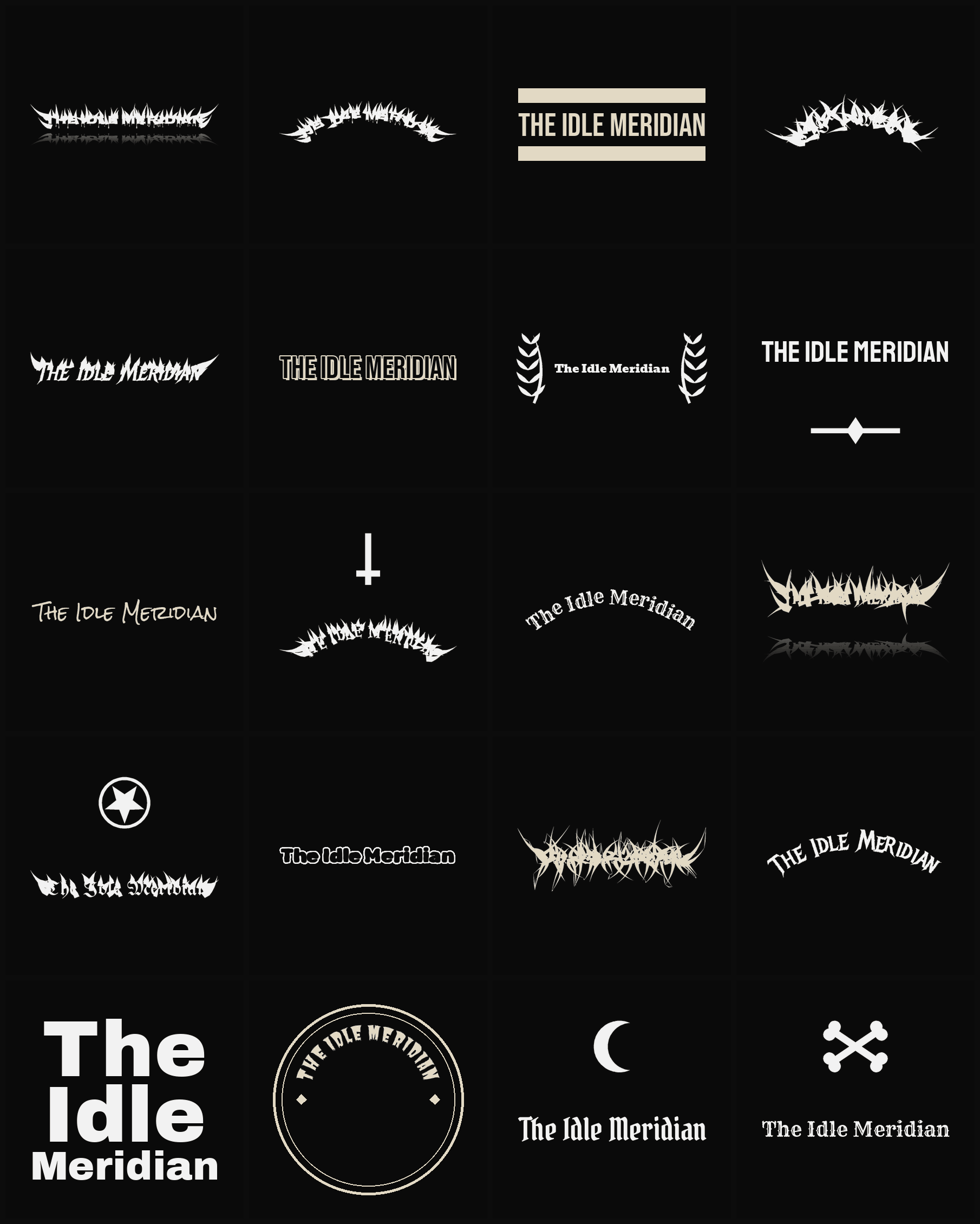 Twenty The Idle Meridian band logo ideas — different faces, treatments and spike settings