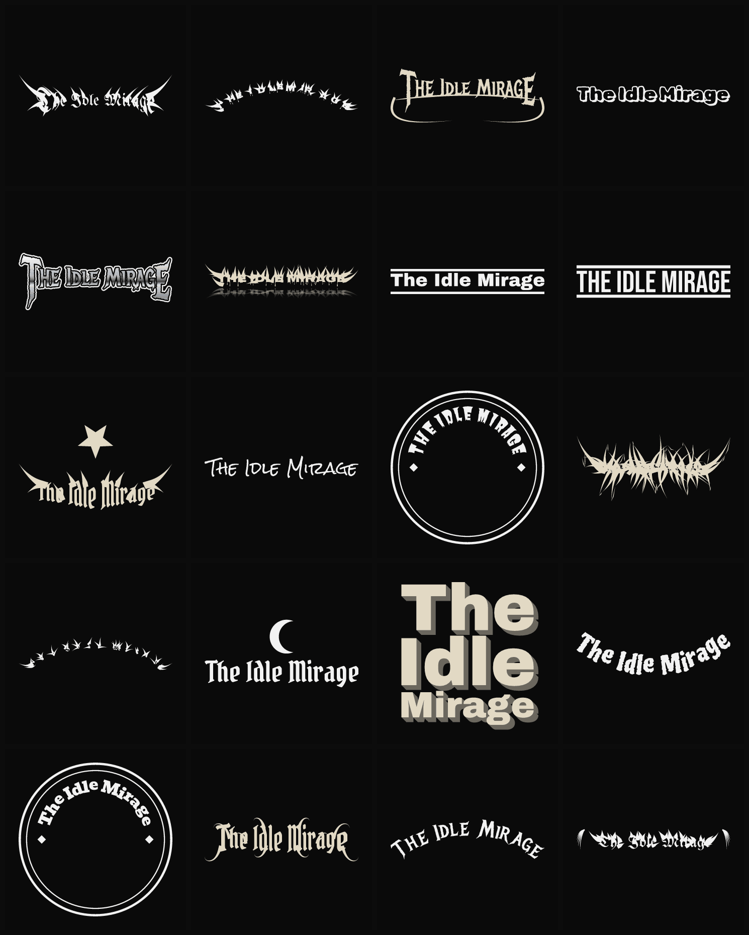 Twenty The Idle Mirage band logo ideas — different faces, treatments and spike settings