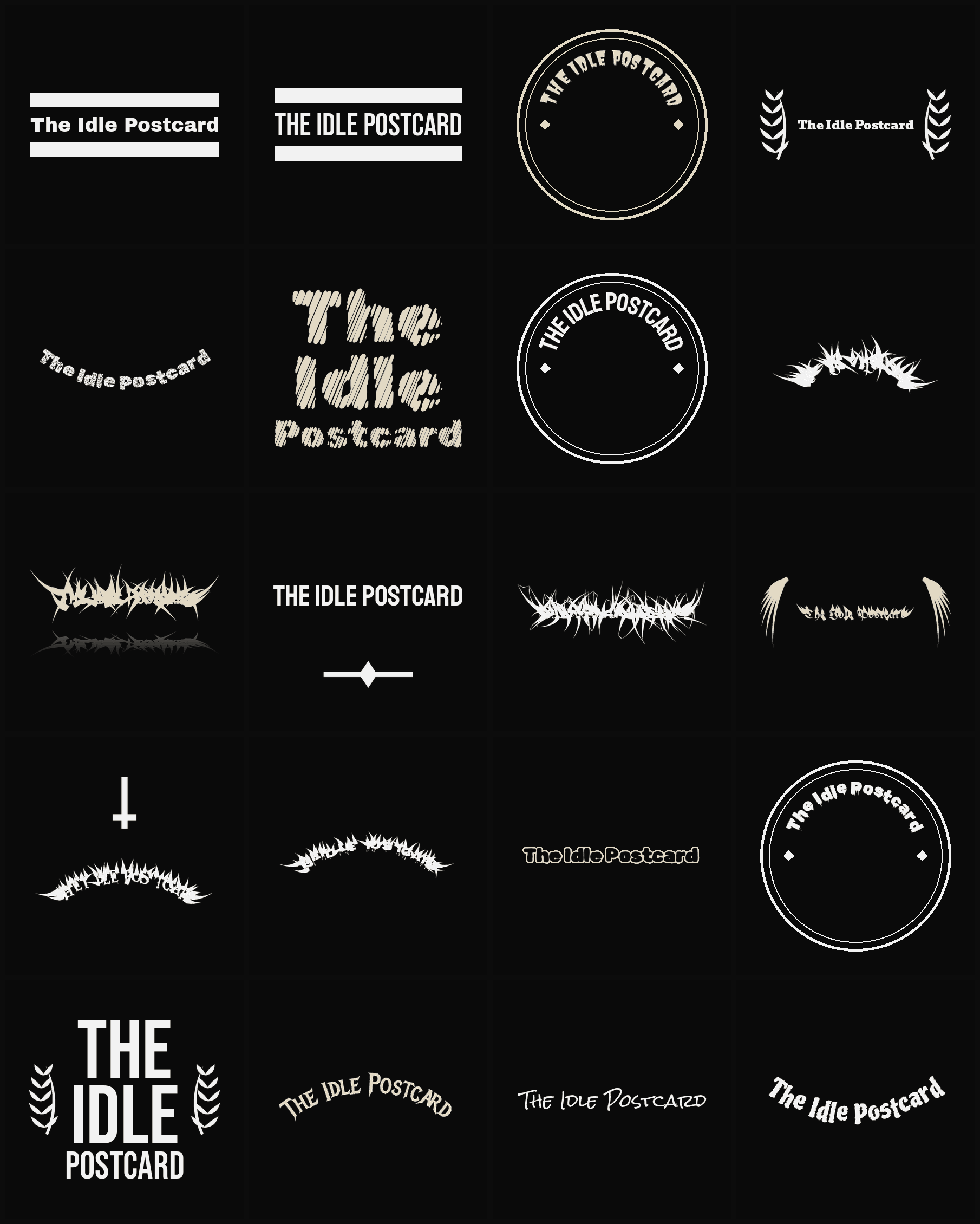 Twenty The Idle Postcard band logo ideas — different faces, treatments and spike settings