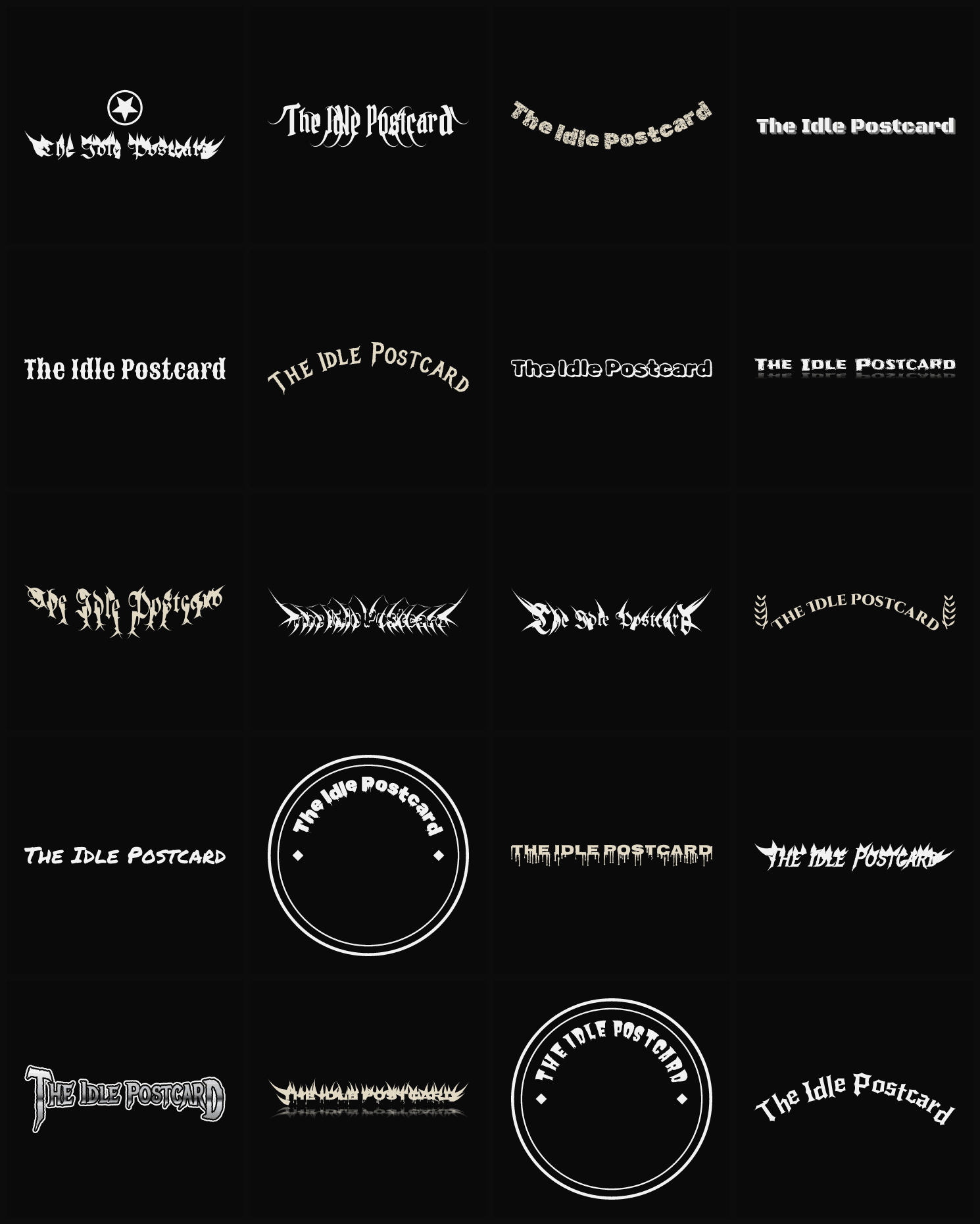 Twenty The Idle Postcard band logo ideas — different faces, treatments and spike settings