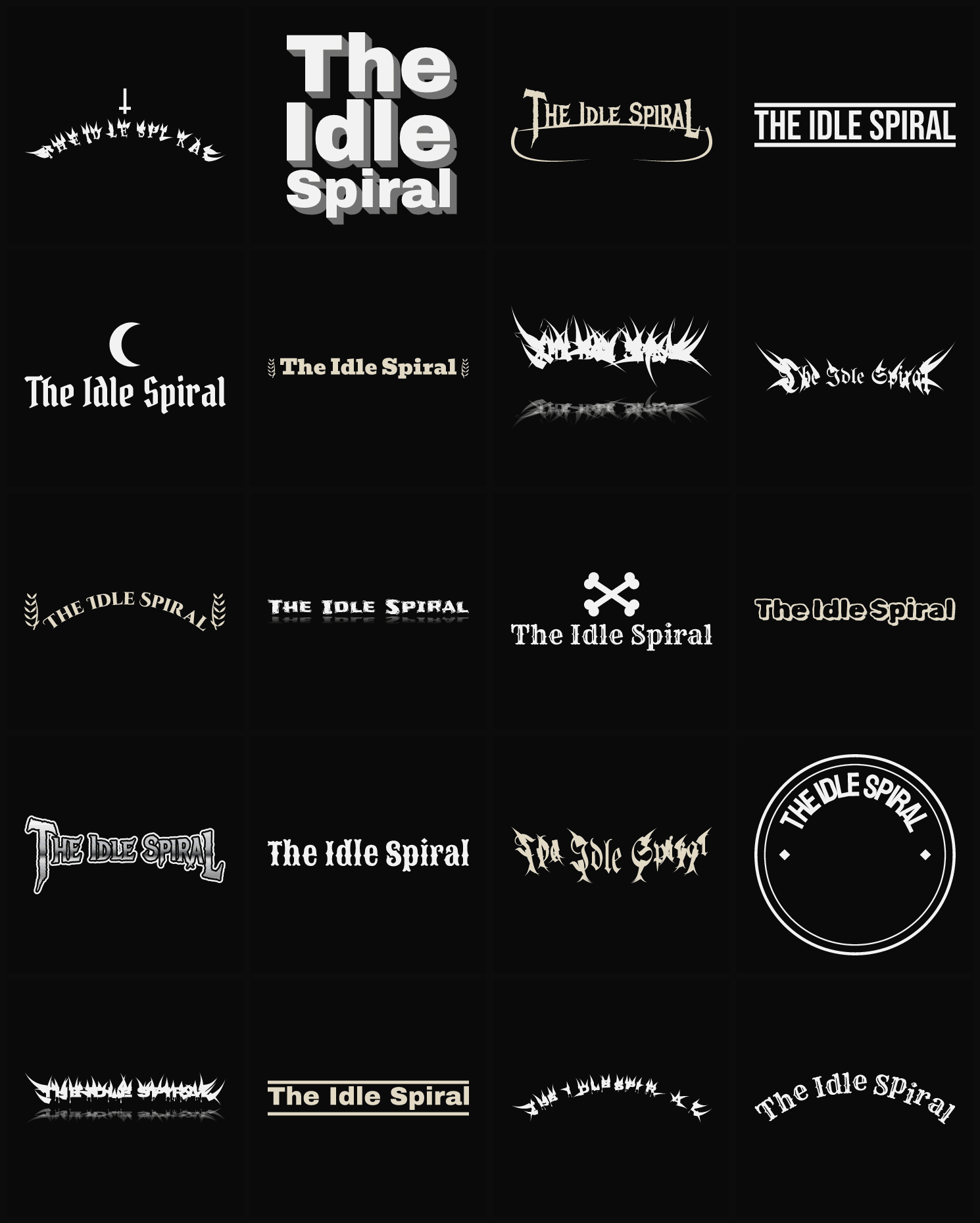 Twenty The Idle Spiral band logo ideas — different faces, treatments and spike settings