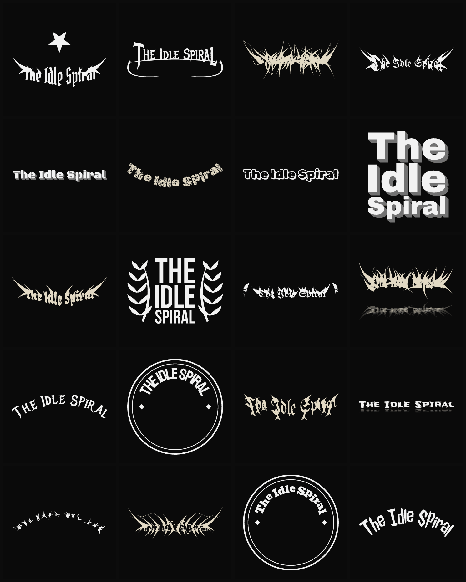 Twenty The Idle Spiral band logo ideas — different faces, treatments and spike settings