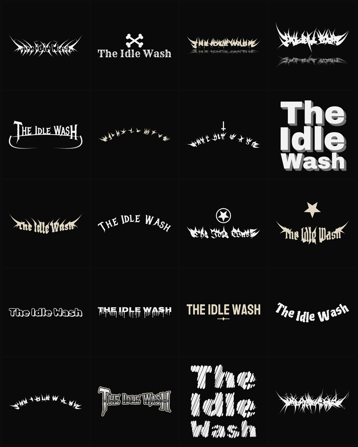 Twenty The Idle Wash band logo ideas — different faces, treatments and spike settings