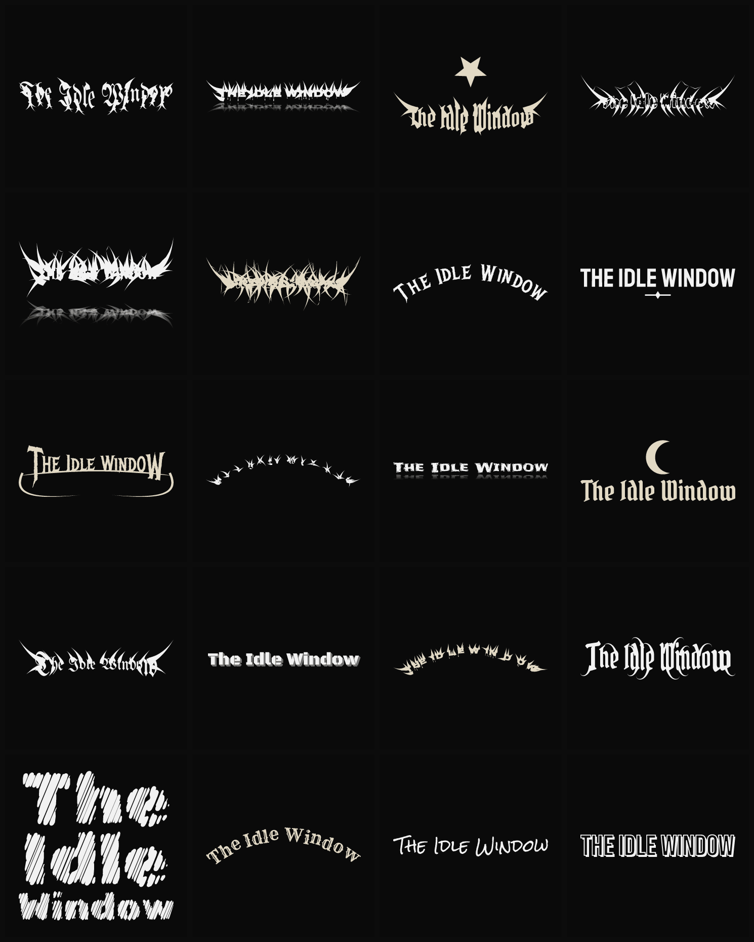 Twenty The Idle Window band logo ideas — different faces, treatments and spike settings
