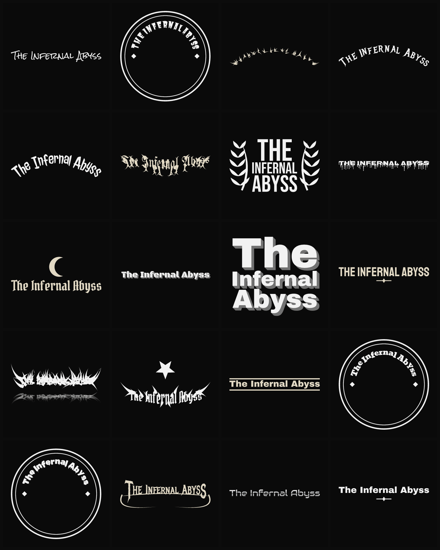 Twenty The Infernal Abyss band logo ideas — different faces, treatments and spike settings