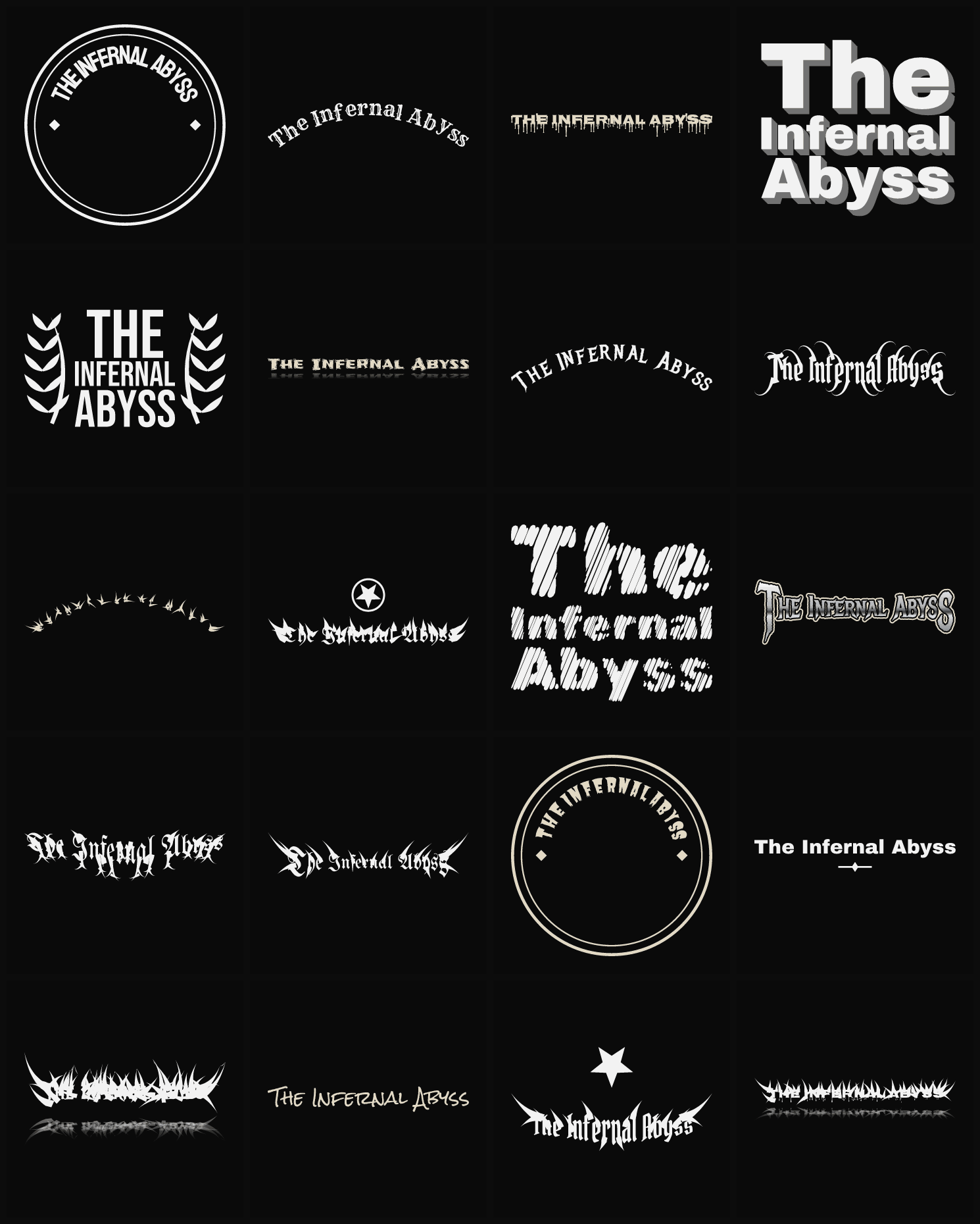 Twenty The Infernal Abyss band logo ideas — different faces, treatments and spike settings