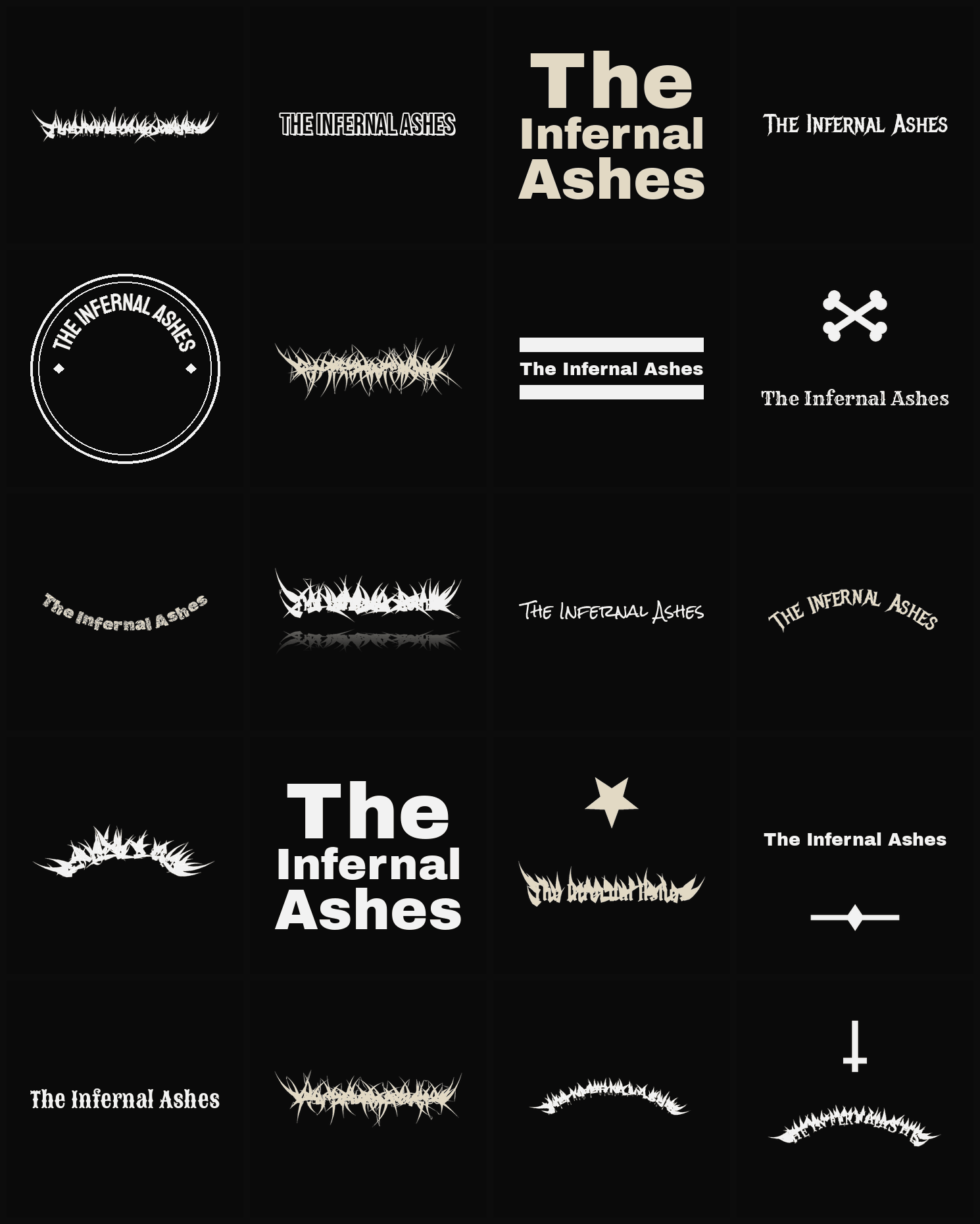 Twenty The Infernal Ashes band logo ideas — different faces, treatments and spike settings