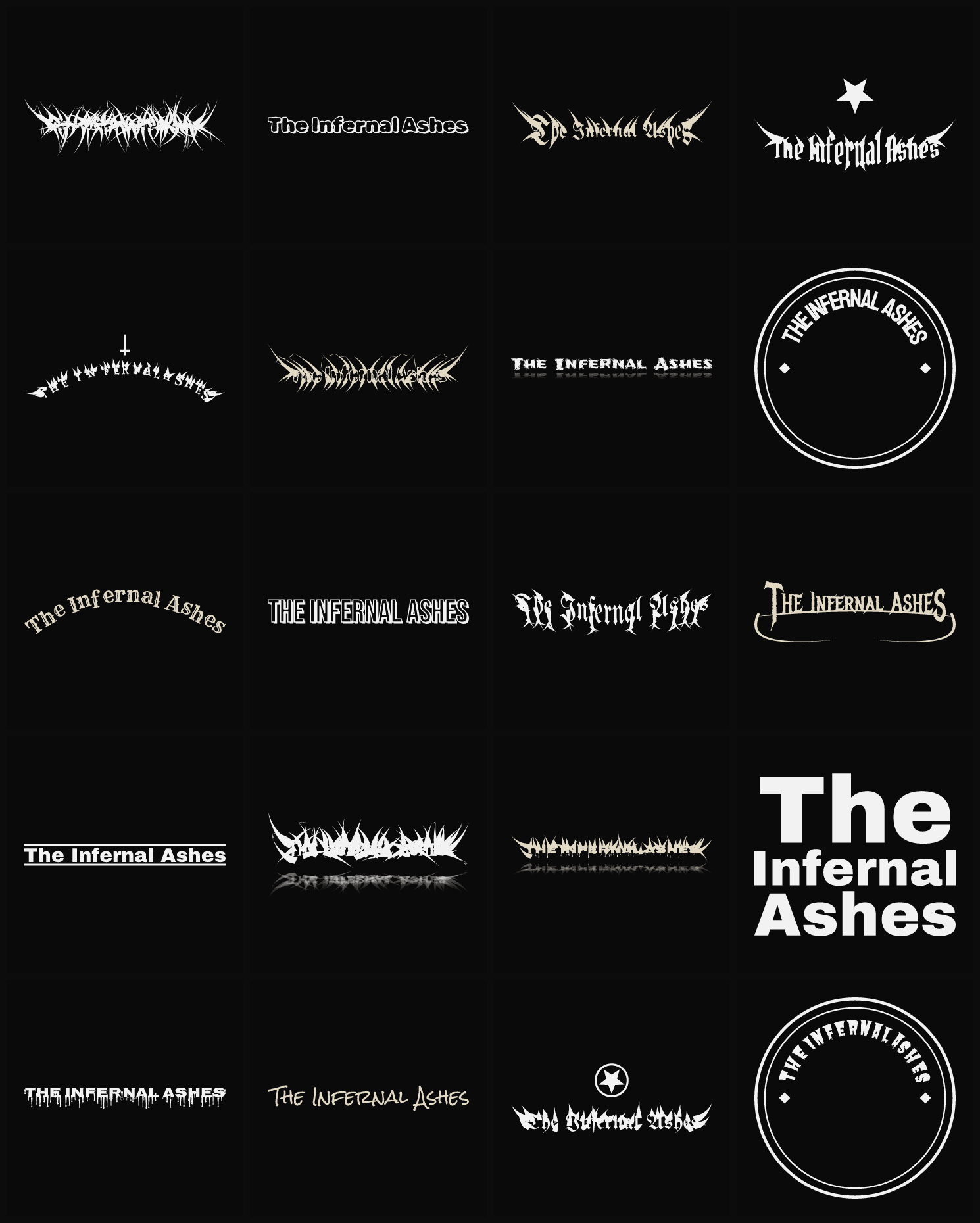 Twenty The Infernal Ashes band logo ideas — different faces, treatments and spike settings