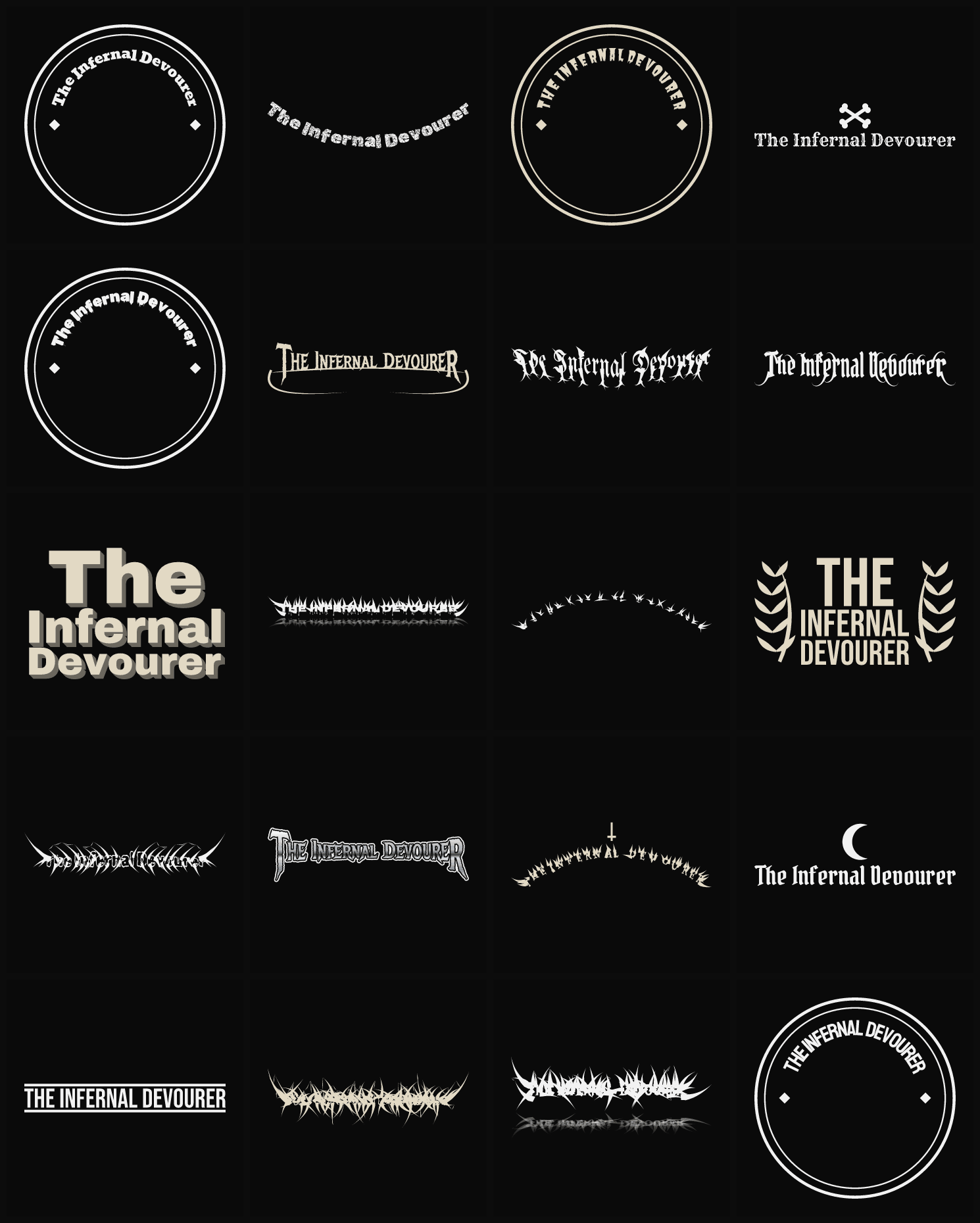 Twenty The Infernal Devourer band logo ideas — different faces, treatments and spike settings