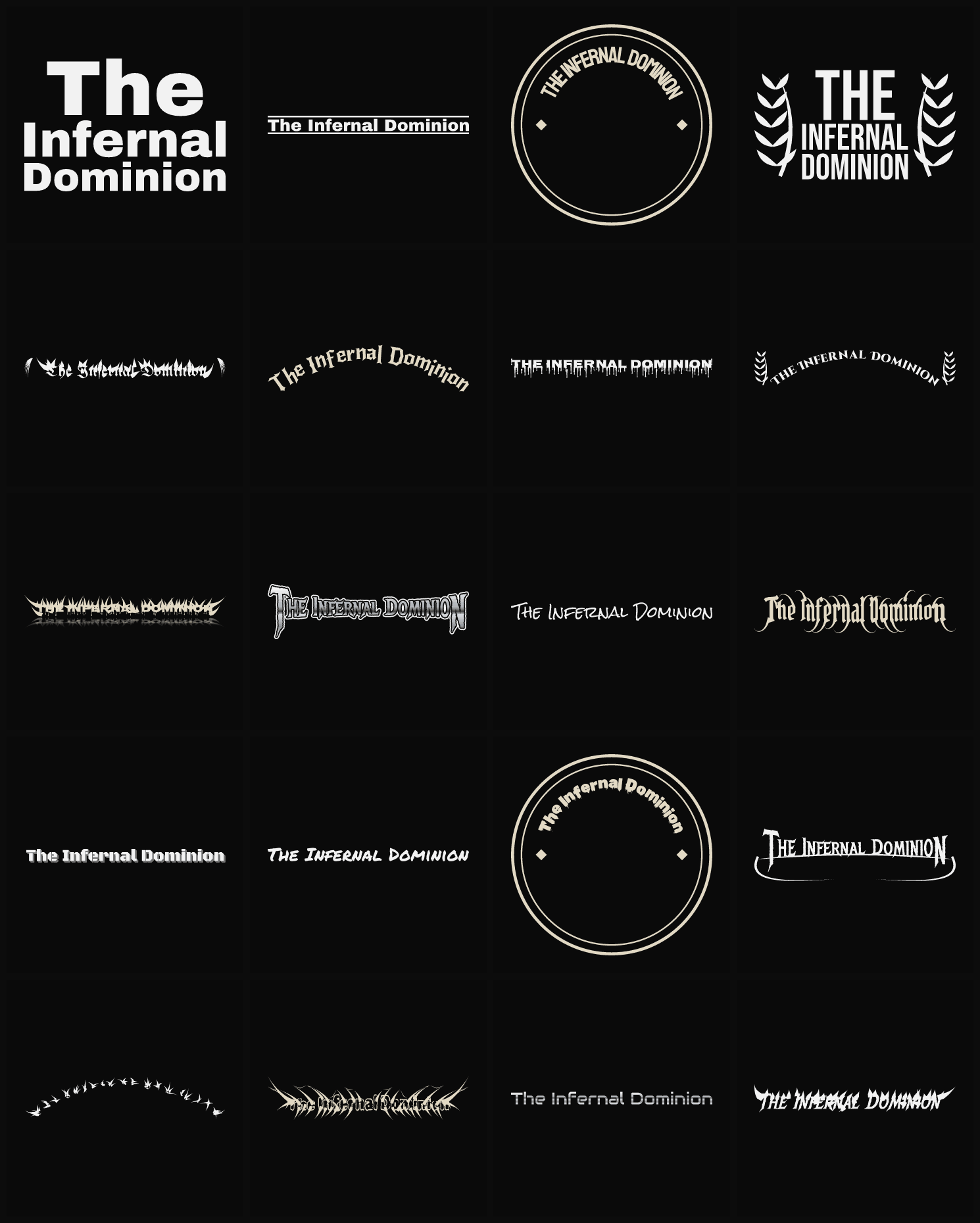 Twenty The Infernal Dominion band logo ideas — different faces, treatments and spike settings