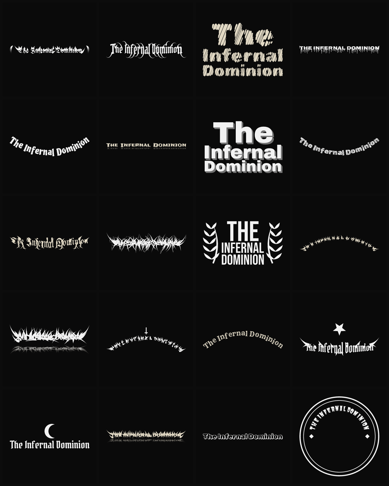 Twenty The Infernal Dominion band logo ideas — different faces, treatments and spike settings