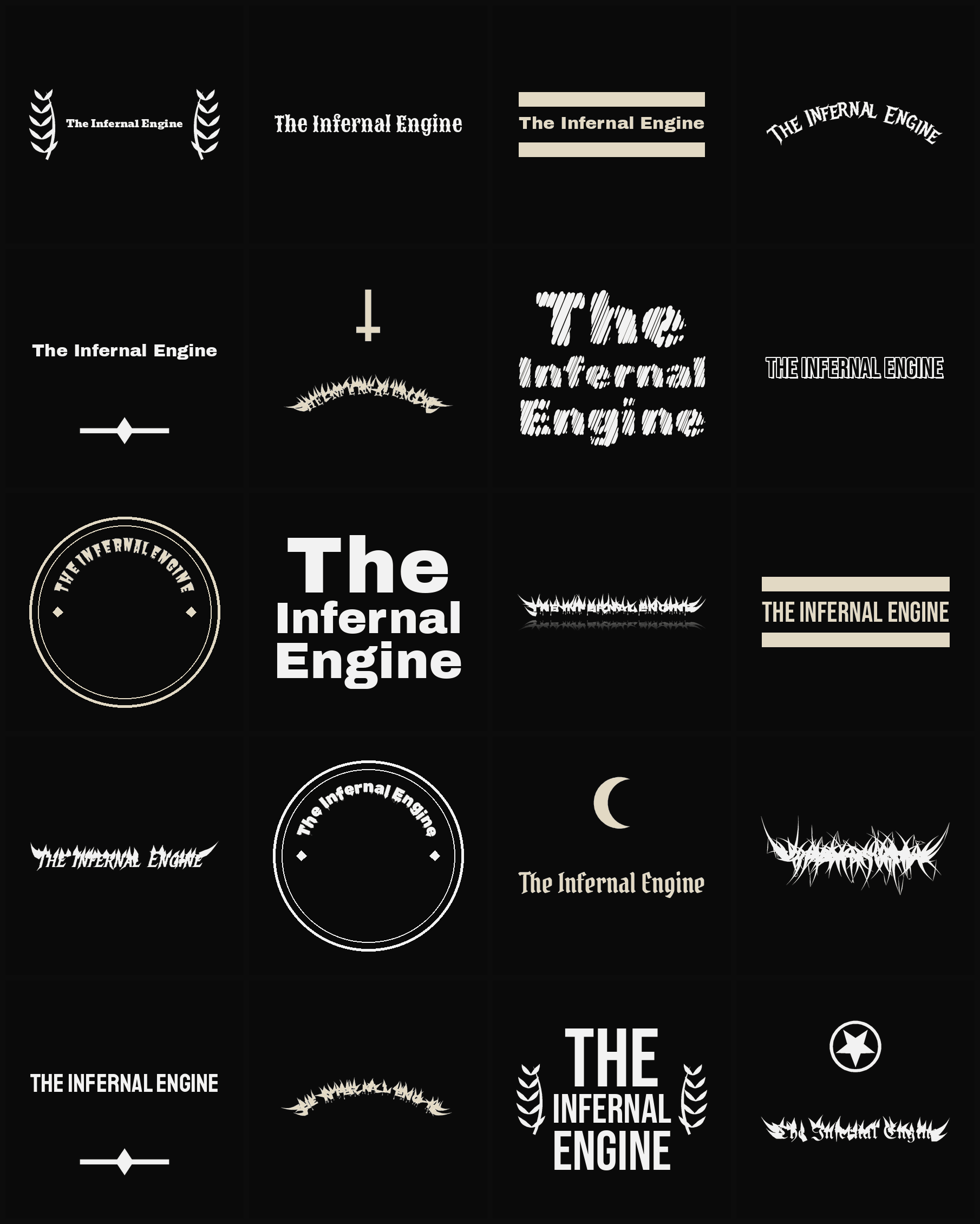 Twenty The Infernal Engine band logo ideas — different faces, treatments and spike settings