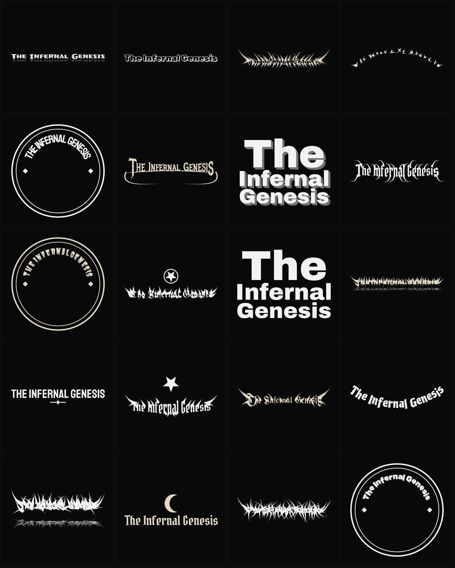 Twenty The Infernal Genesis band logo ideas — different faces, treatments and spike settings