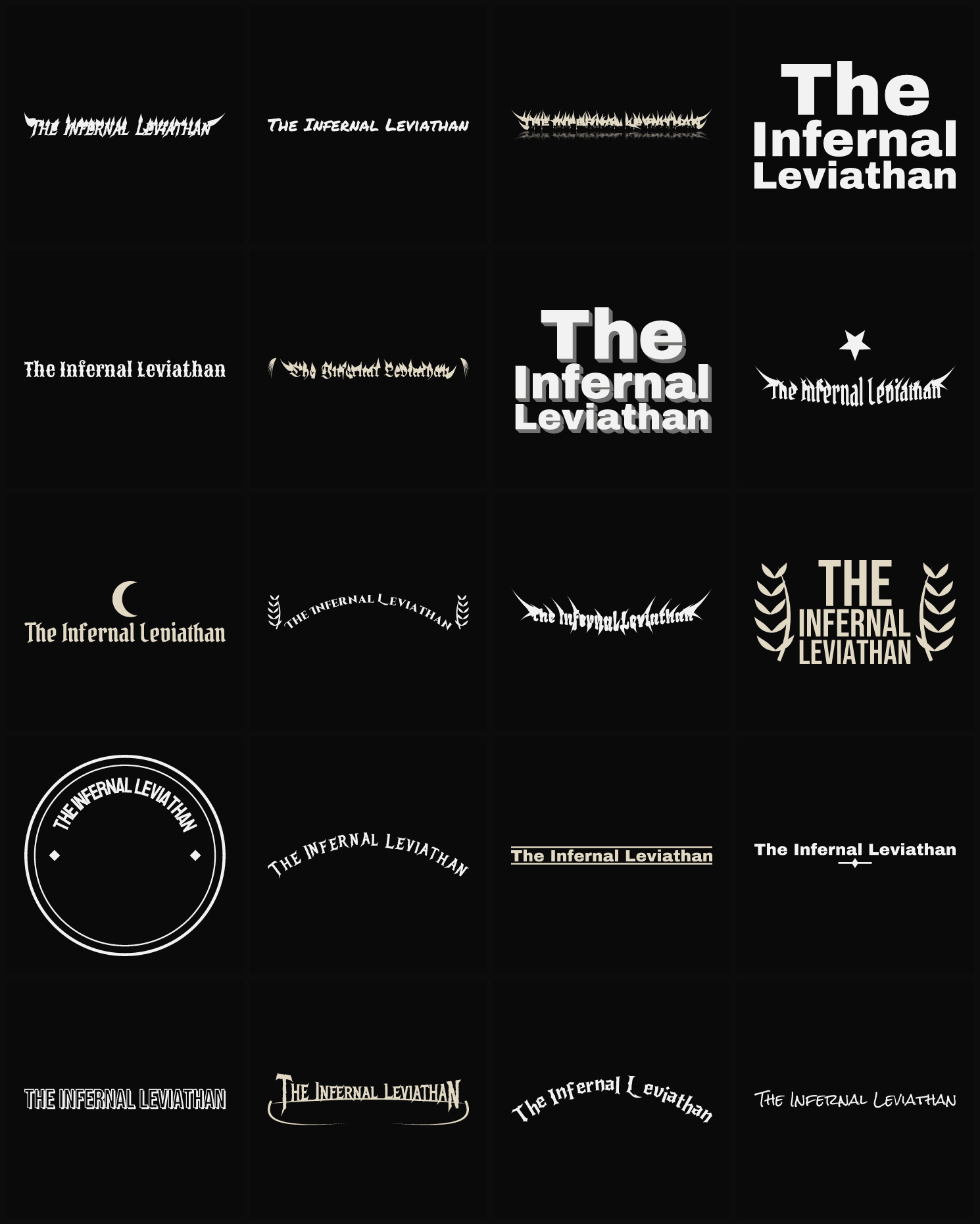 Twenty The Infernal Leviathan band logo ideas — different faces, treatments and spike settings