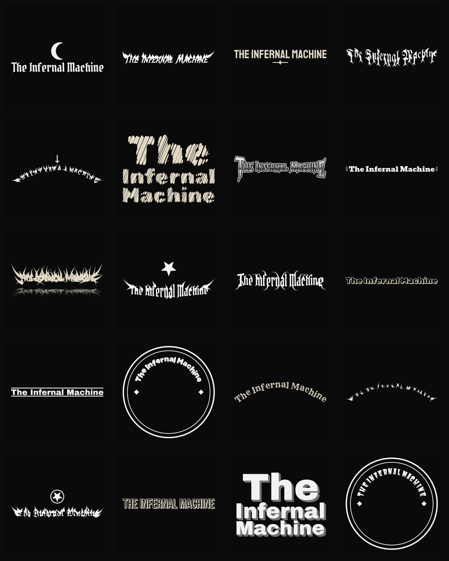 Twenty The Infernal Machine band logo ideas — different faces, treatments and spike settings