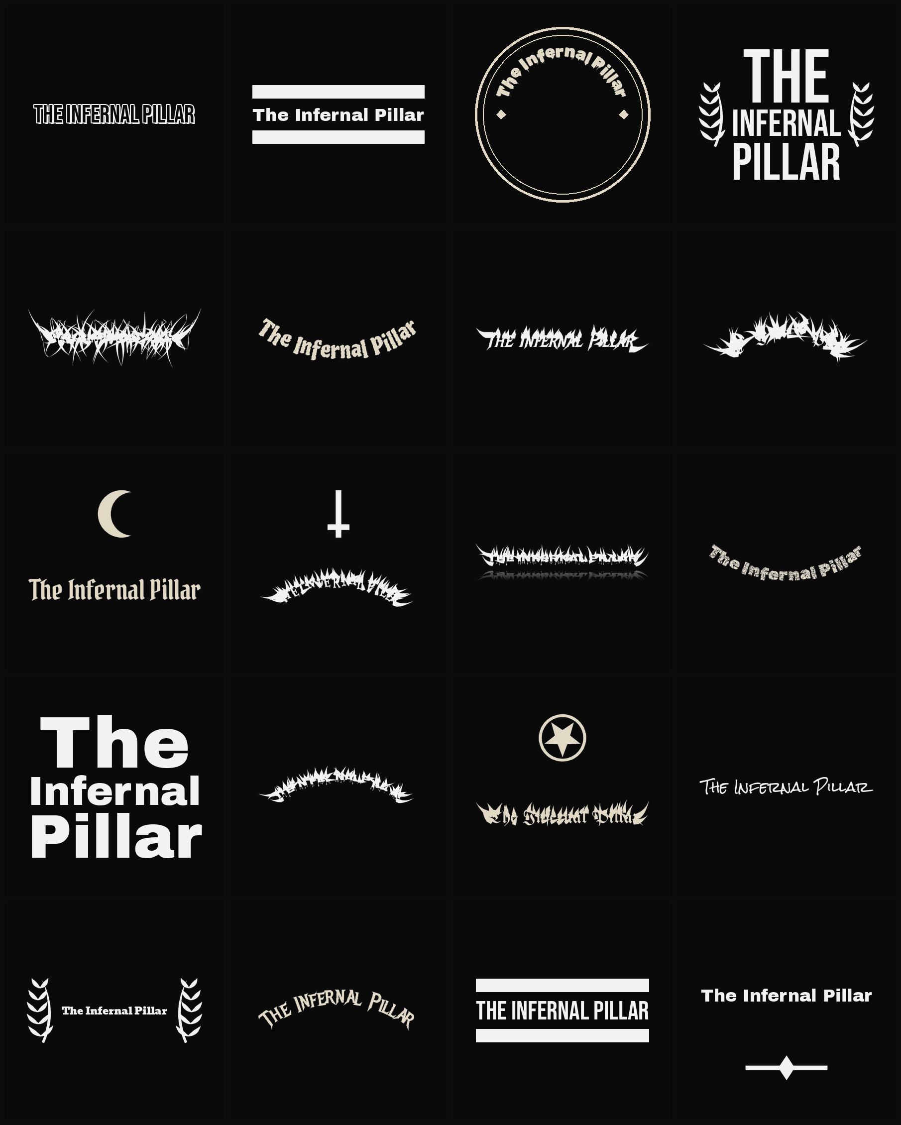 Twenty The Infernal Pillar band logo ideas — different faces, treatments and spike settings