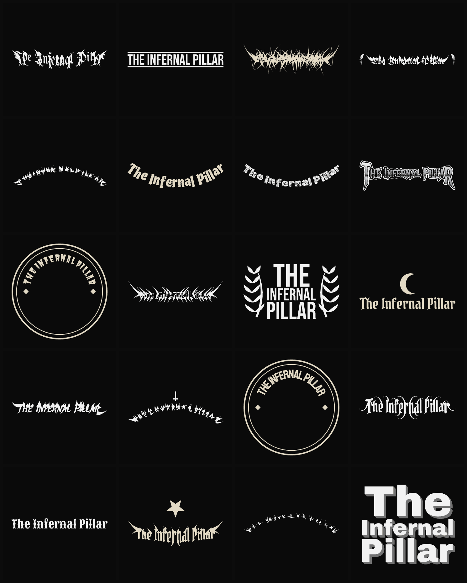 Twenty The Infernal Pillar band logo ideas — different faces, treatments and spike settings