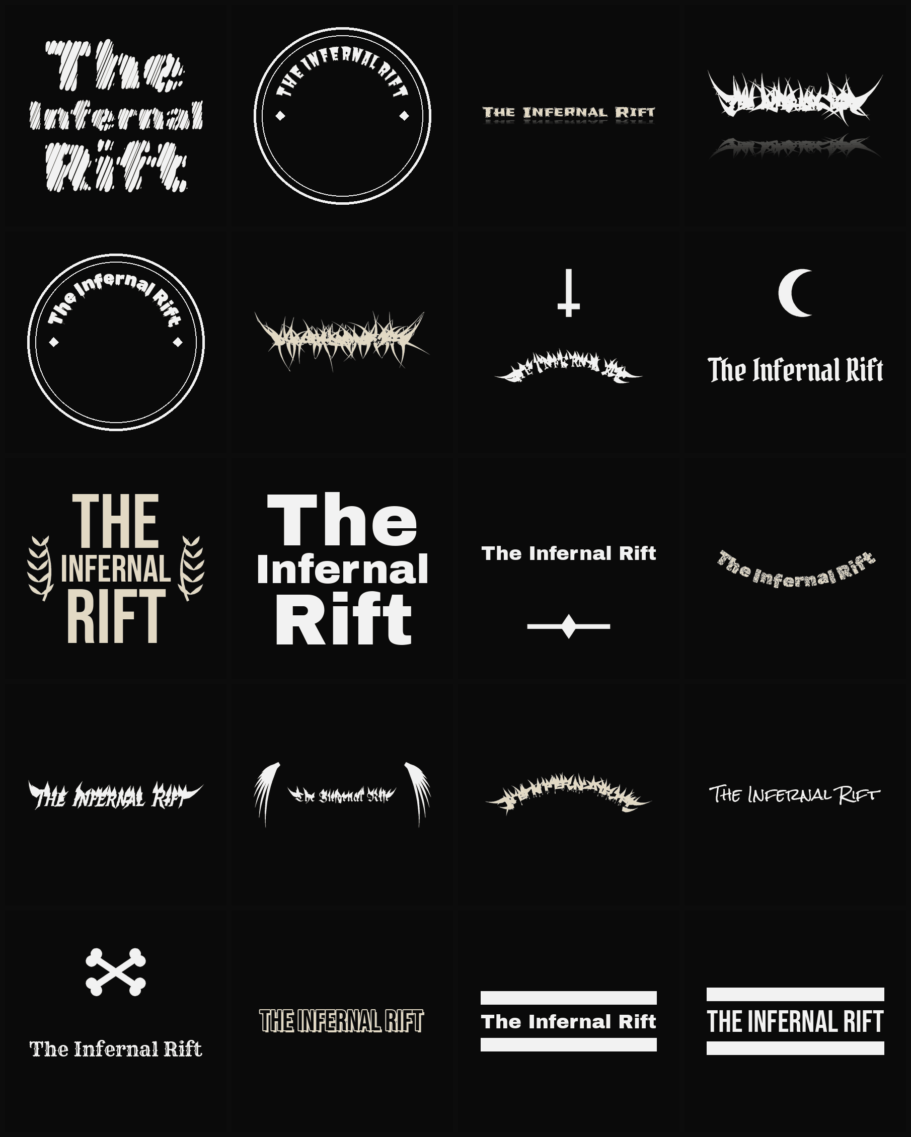 Twenty The Infernal Rift band logo ideas — different faces, treatments and spike settings