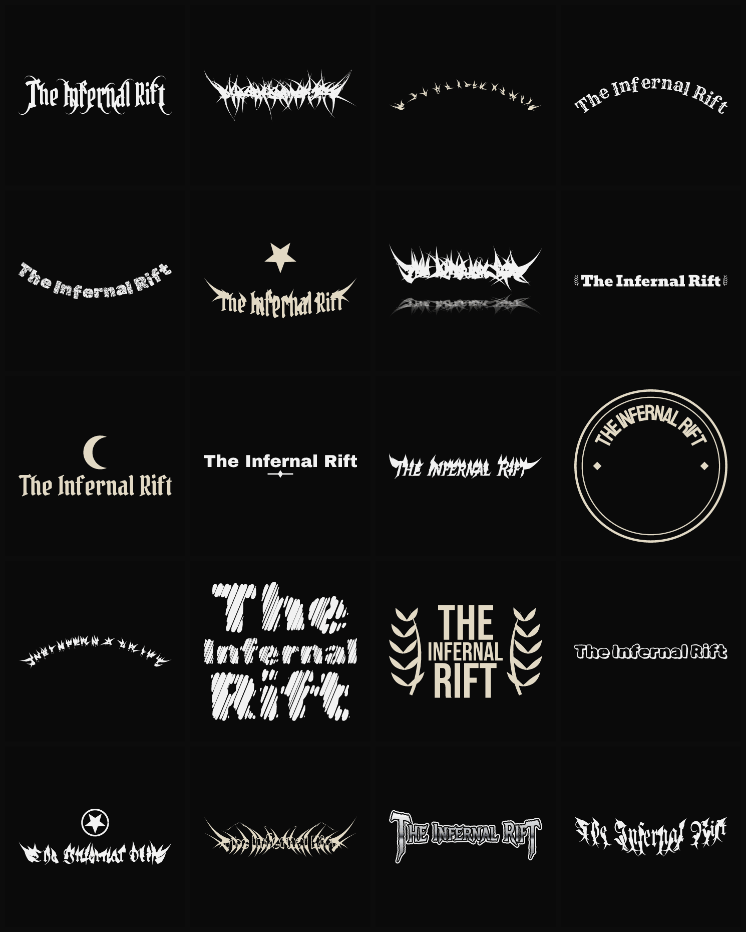 Twenty The Infernal Rift band logo ideas — different faces, treatments and spike settings