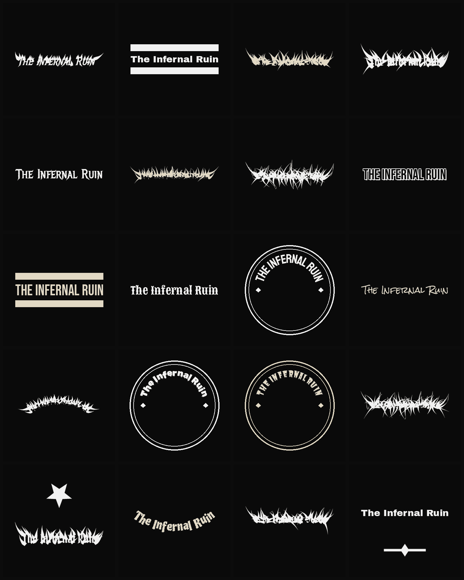 Twenty The Infernal Ruin band logo ideas — different faces, treatments and spike settings