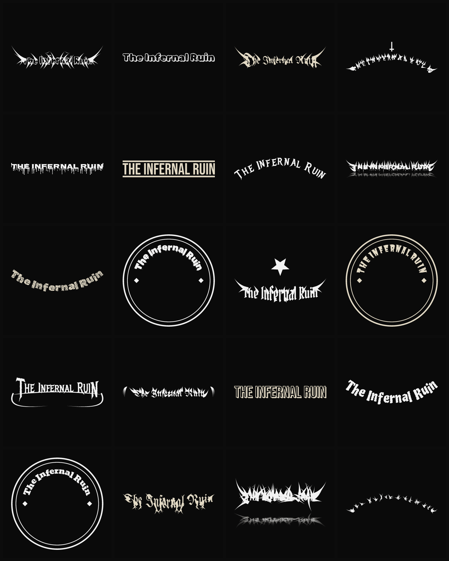 Twenty The Infernal Ruin band logo ideas — different faces, treatments and spike settings