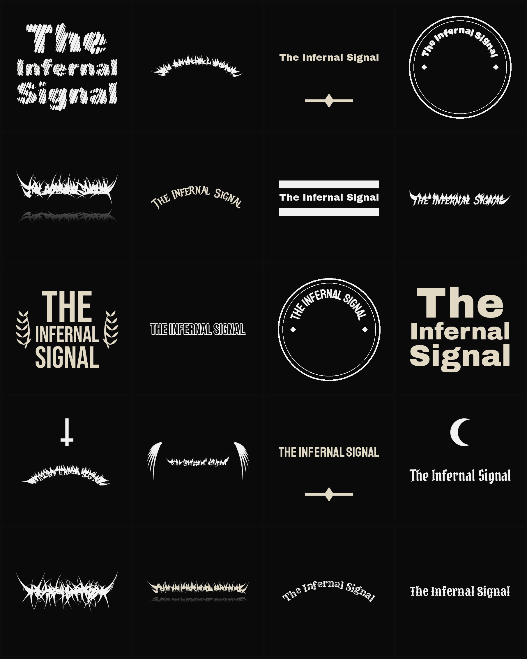 Twenty The Infernal Signal band logo ideas — different faces, treatments and spike settings