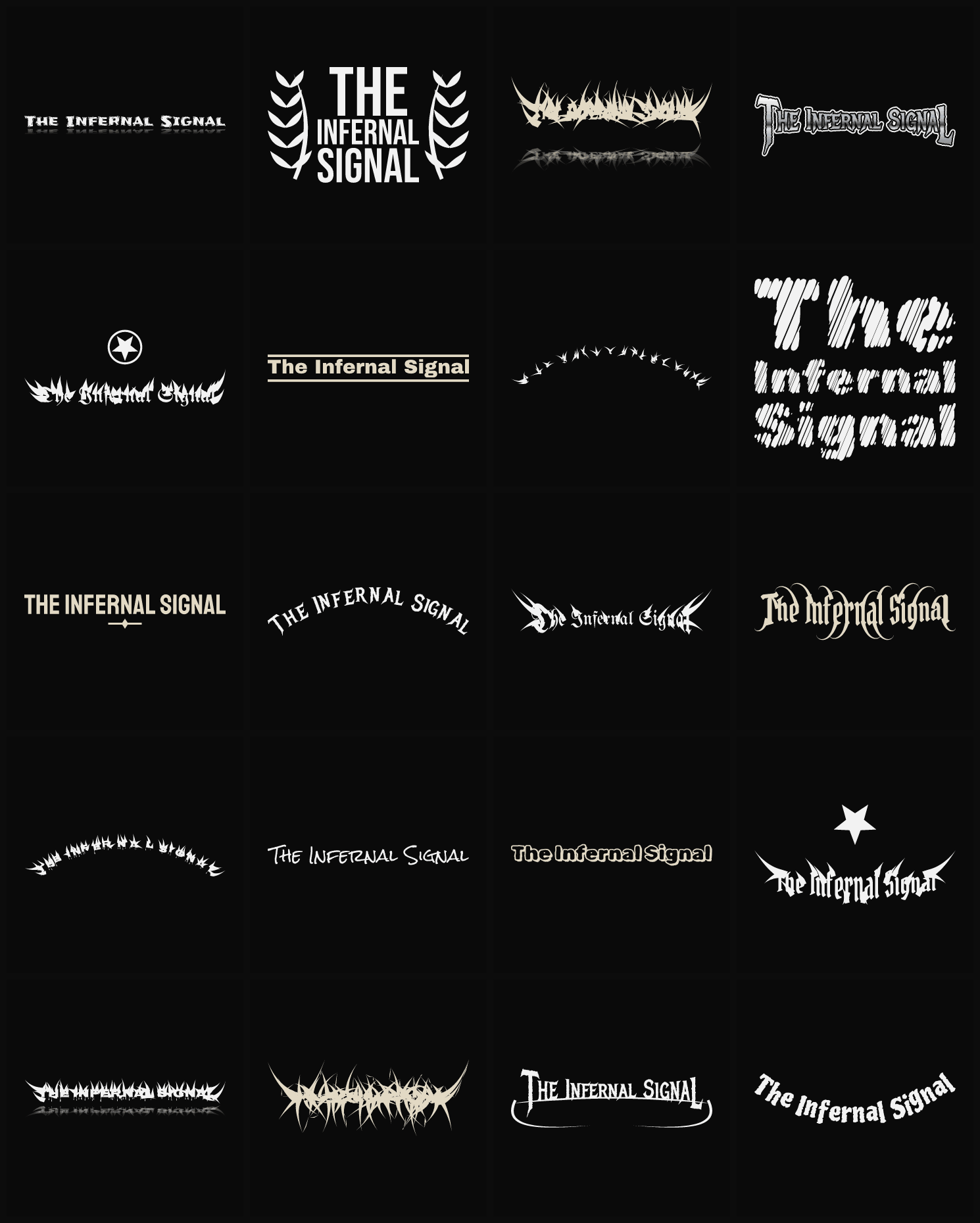 Twenty The Infernal Signal band logo ideas — different faces, treatments and spike settings