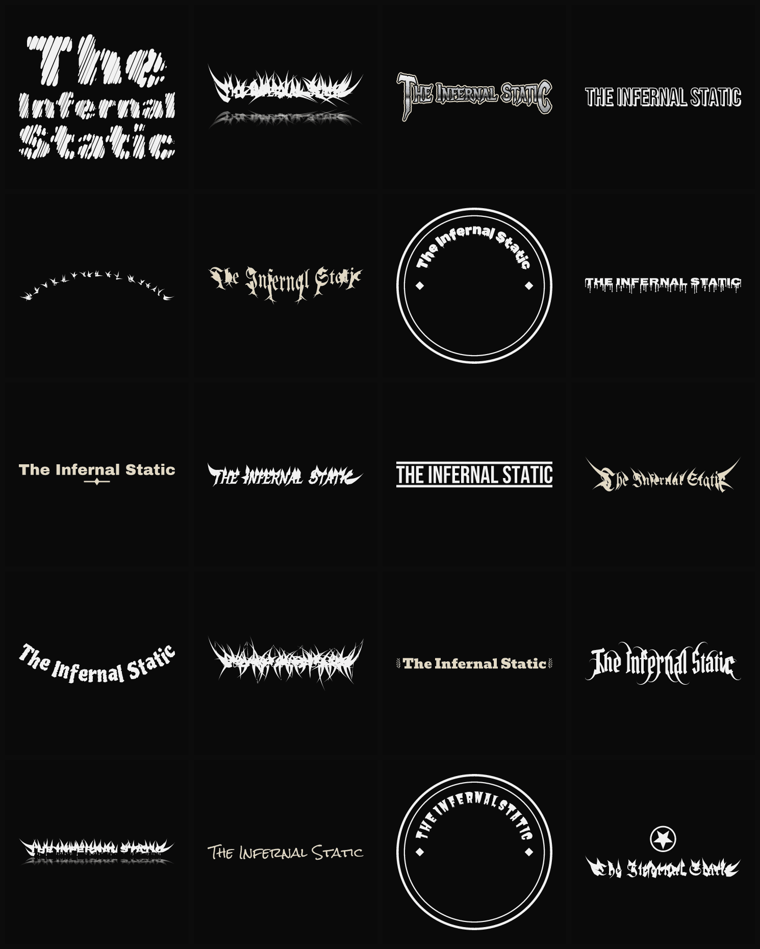 Twenty The Infernal Static band logo ideas — different faces, treatments and spike settings