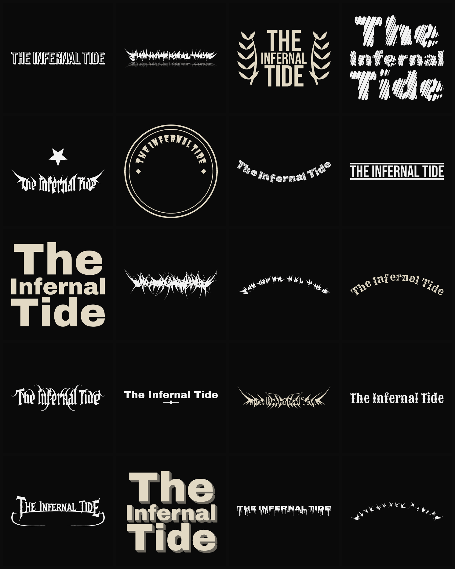 Twenty The Infernal Tide band logo ideas — different faces, treatments and spike settings