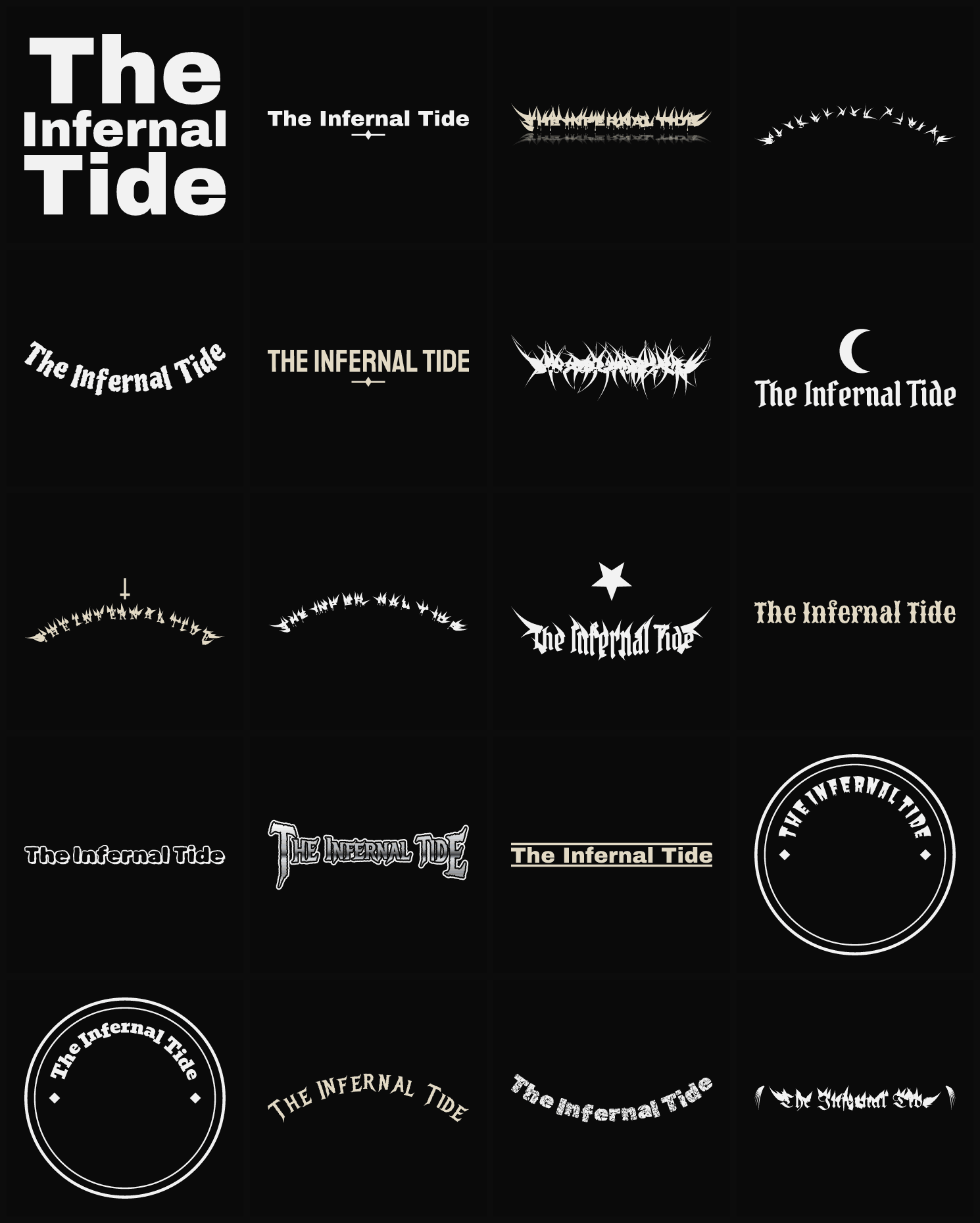 Twenty The Infernal Tide band logo ideas — different faces, treatments and spike settings