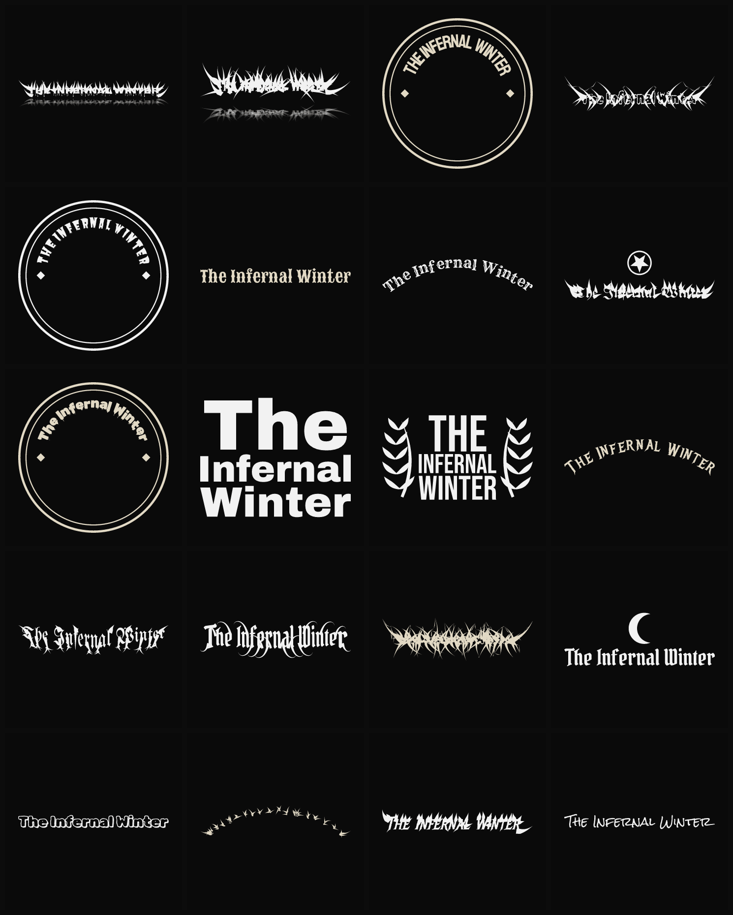 Twenty The Infernal Winter band logo ideas — different faces, treatments and spike settings