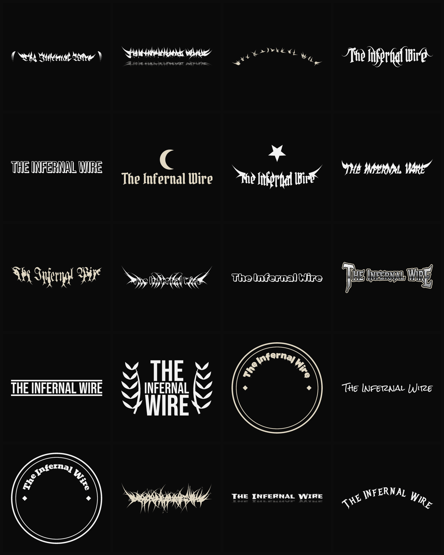 Twenty The Infernal Wire band logo ideas — different faces, treatments and spike settings