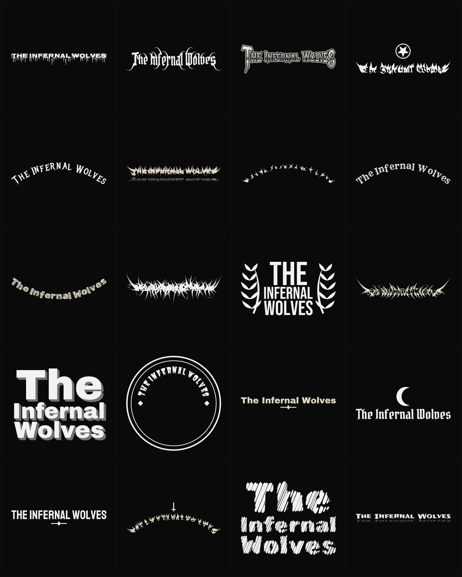 Twenty The Infernal Wolves band logo ideas — different faces, treatments and spike settings