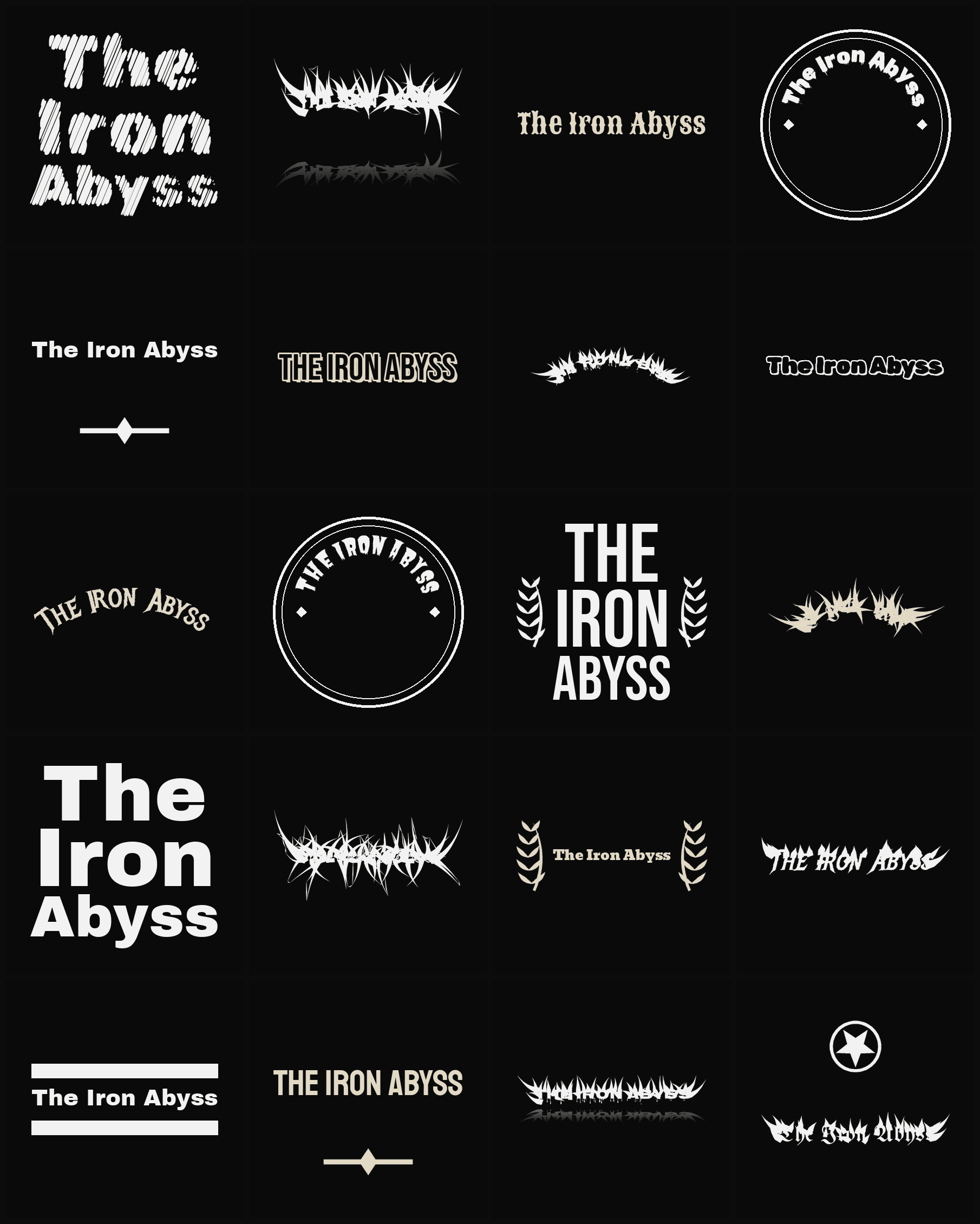 Twenty The Iron Abyss band logo ideas — different faces, treatments and spike settings